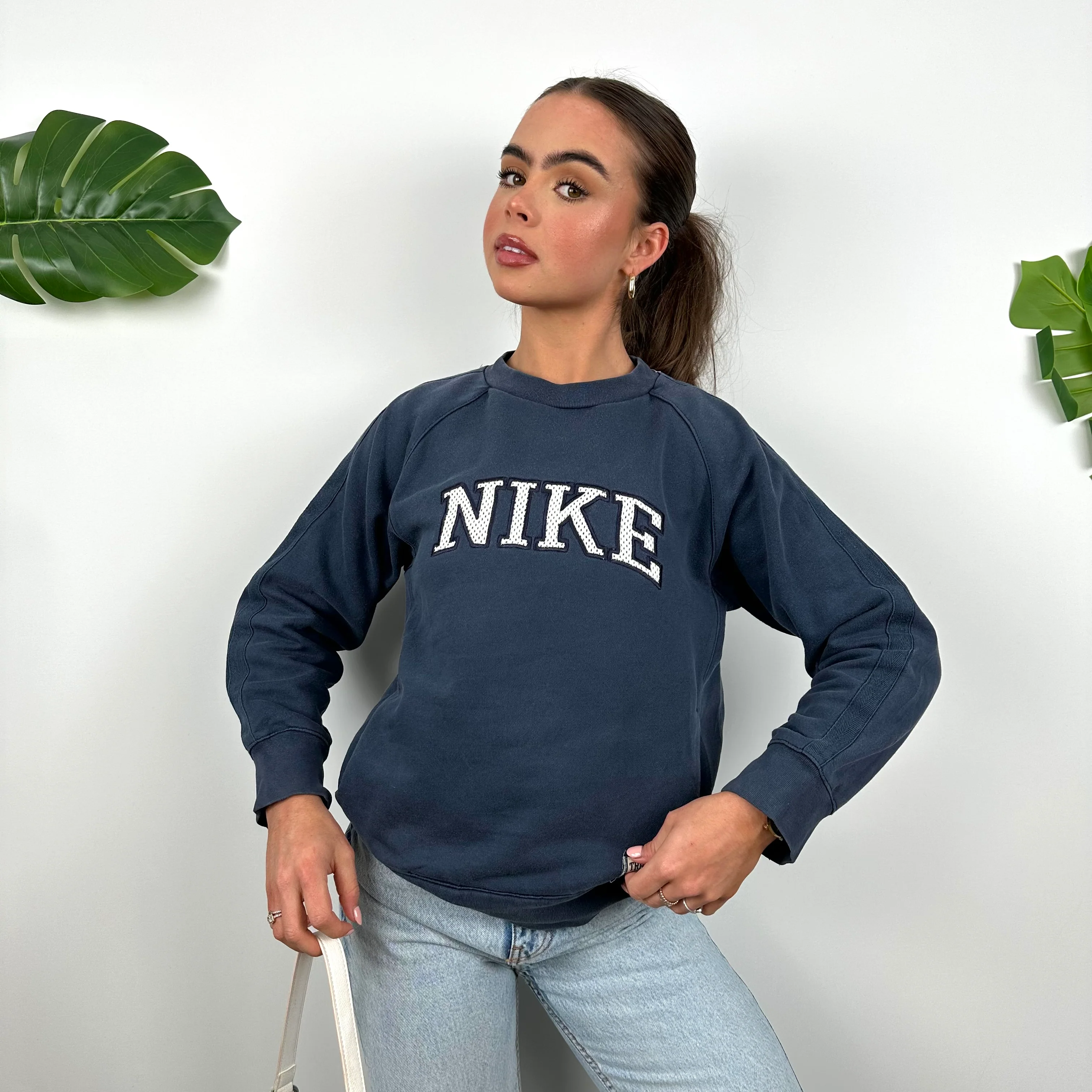Nike Navy Embroidered Spell Out Sweatshirt (S) - Image 4