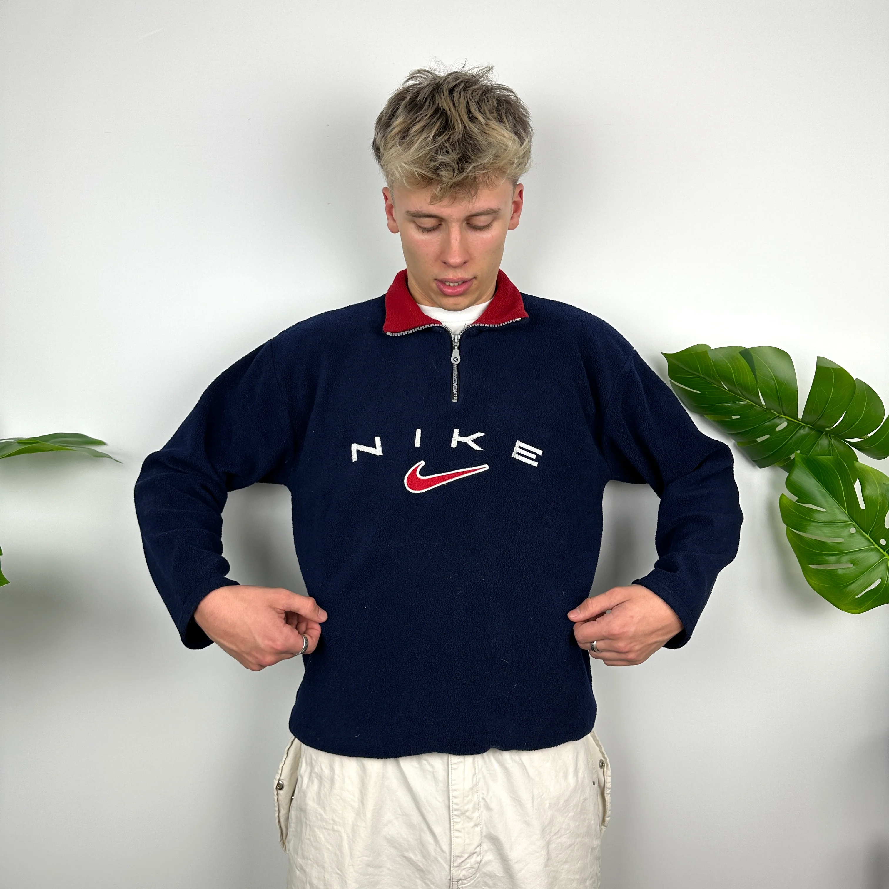 Nike Navy Embroidered Spell Out Teddy Bear Fleece Quarter Zip (M) - Image 3