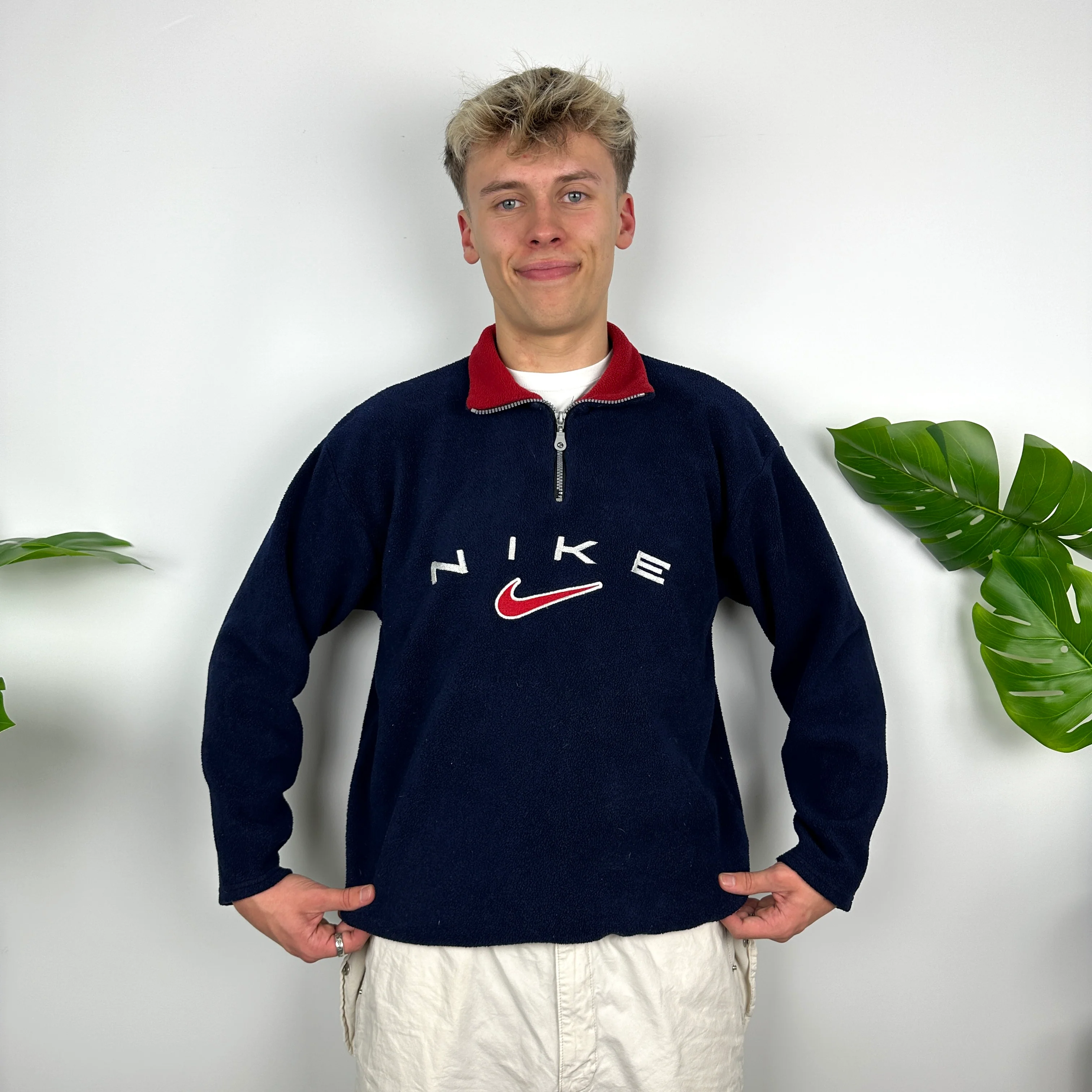 Nike Navy Embroidered Spell Out Teddy Bear Fleece Quarter Zip (M) - Image 5