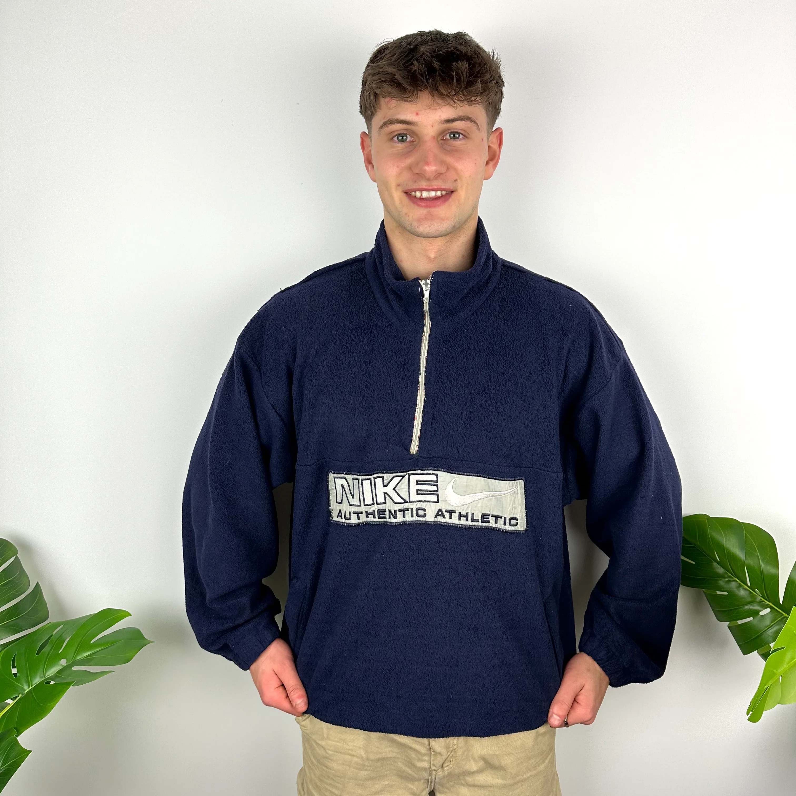 Nike Navy Embroidered Spell Out Teddy Bear Fleece Quarter Zip (XL) - Image 3