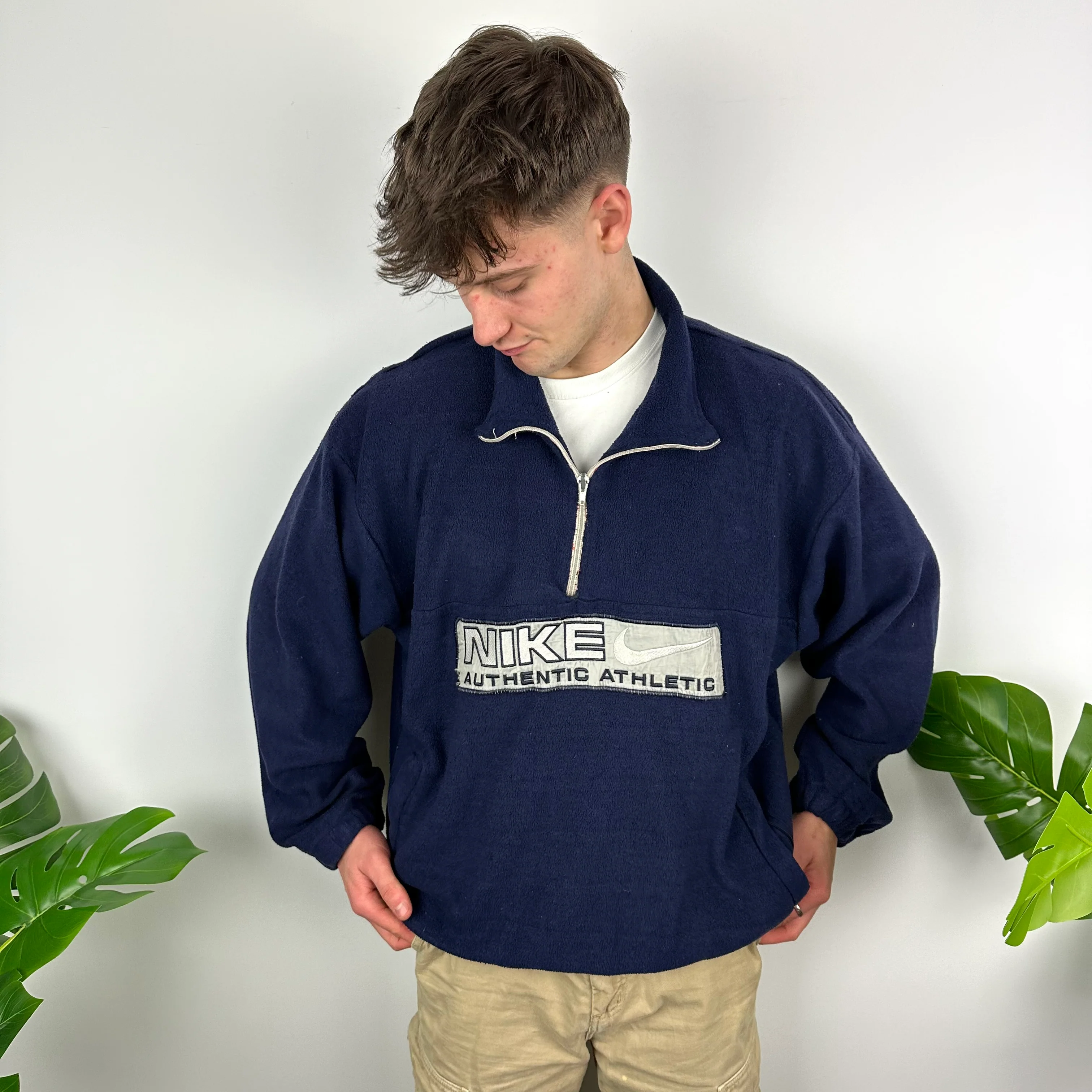 Nike Navy Embroidered Spell Out Teddy Bear Fleece Quarter Zip (XL) - Image 5