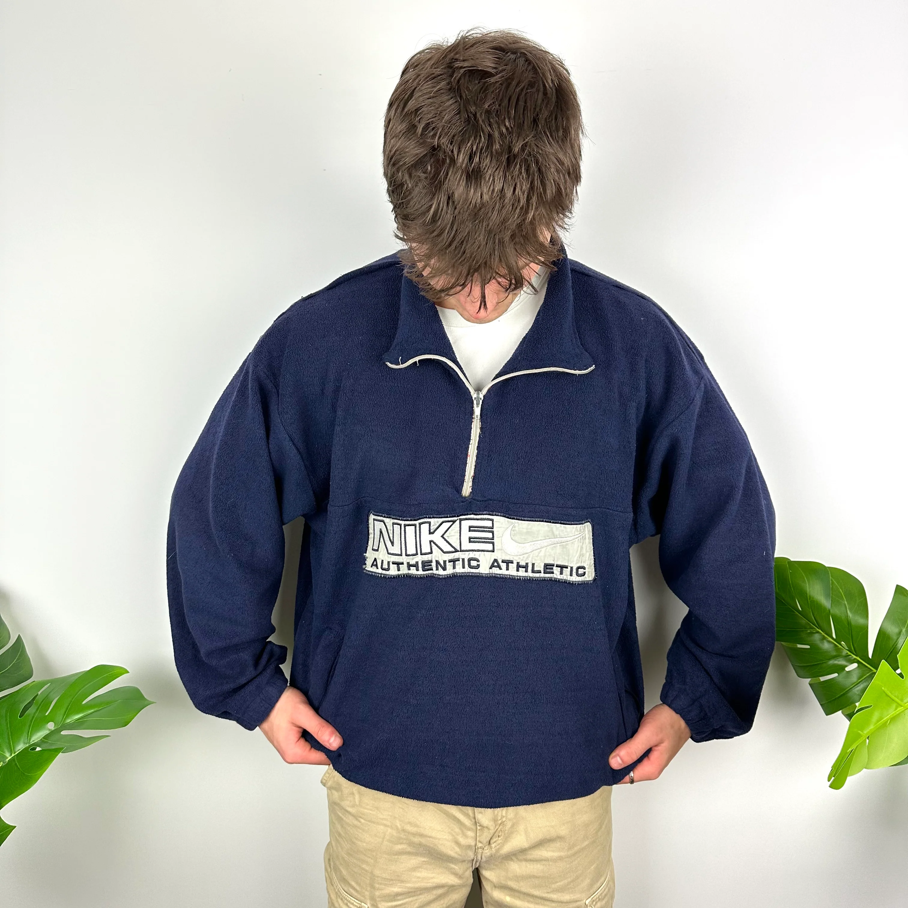 Nike Navy Embroidered Spell Out Teddy Bear Fleece Quarter Zip (XL) - Image 6