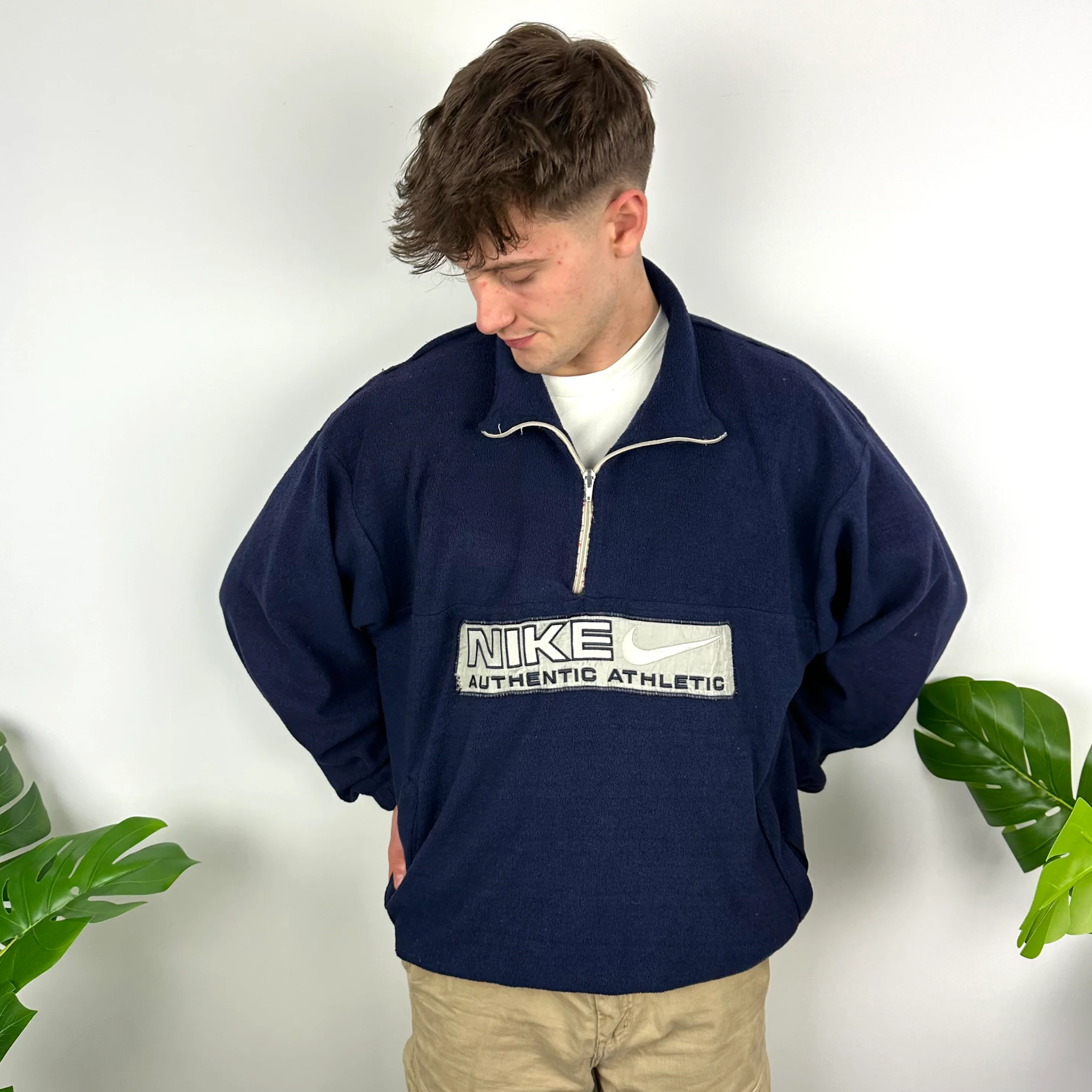Nike Navy Embroidered Spell Out Teddy Bear Fleece Quarter Zip (XL) - Image 7