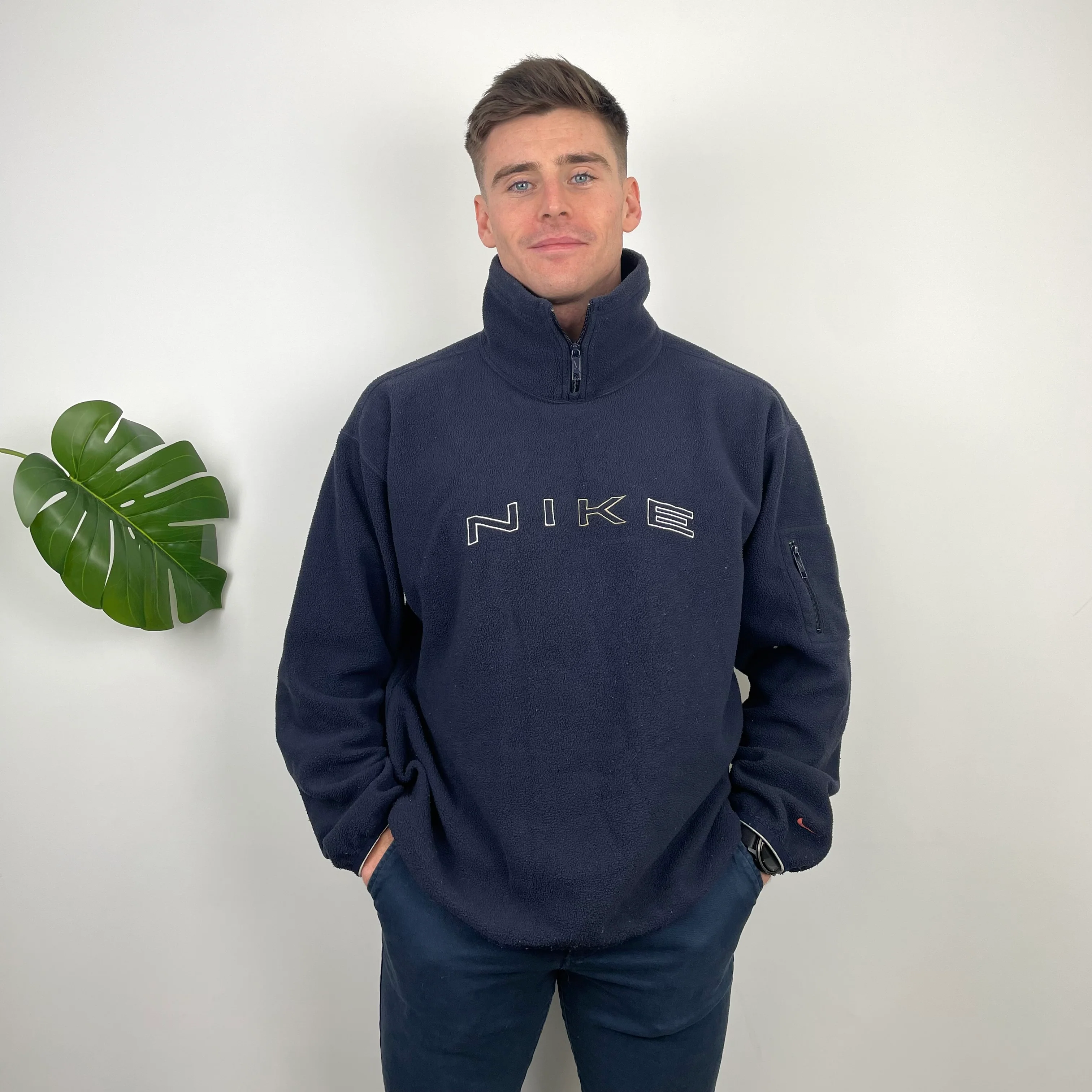 Nike Navy Embroidered Spell Out Teddy Bear Fleece Quarter Zip Sweatshirt (L)