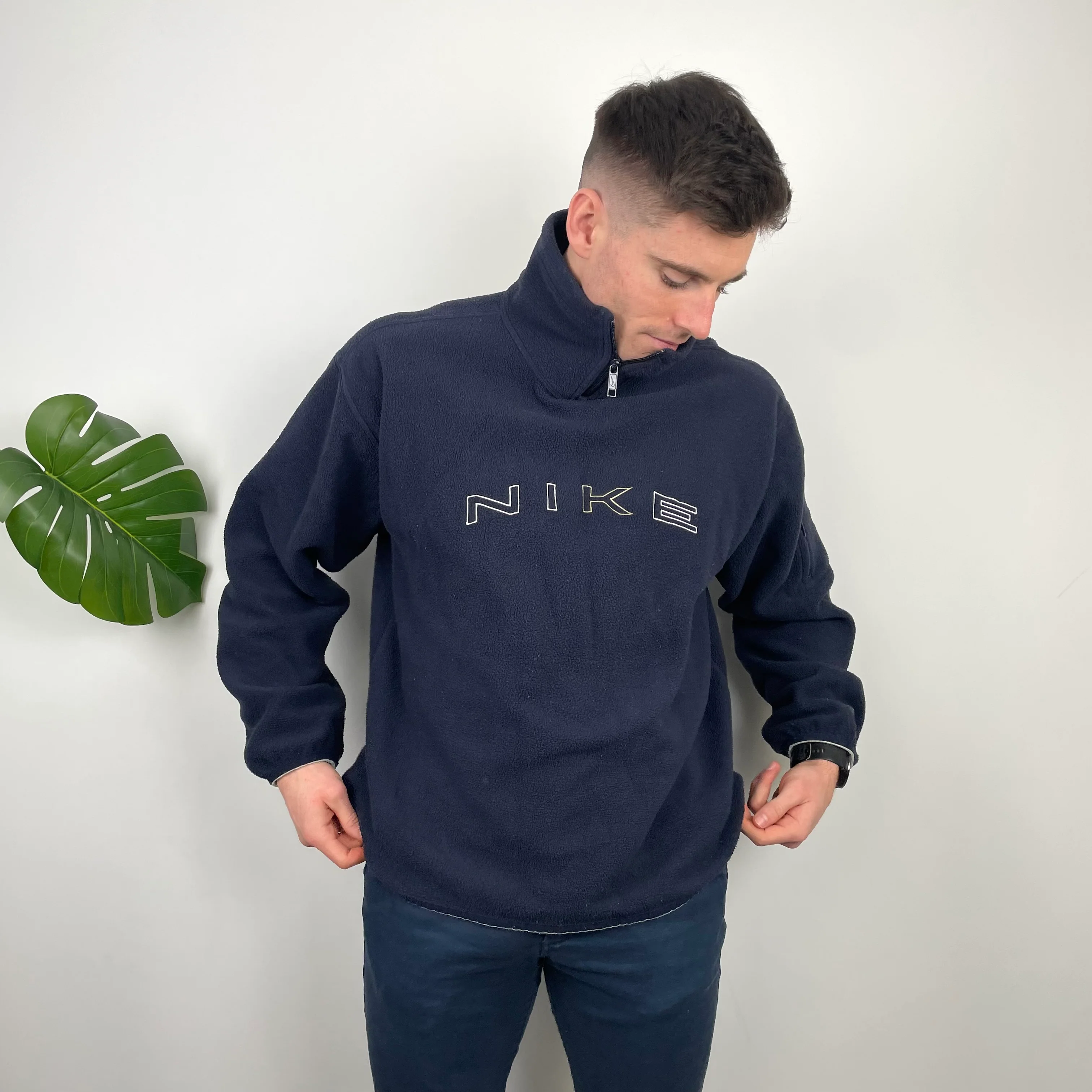 Nike Navy Embroidered Spell Out Teddy Bear Fleece Quarter Zip Sweatshirt (L) - Image 2
