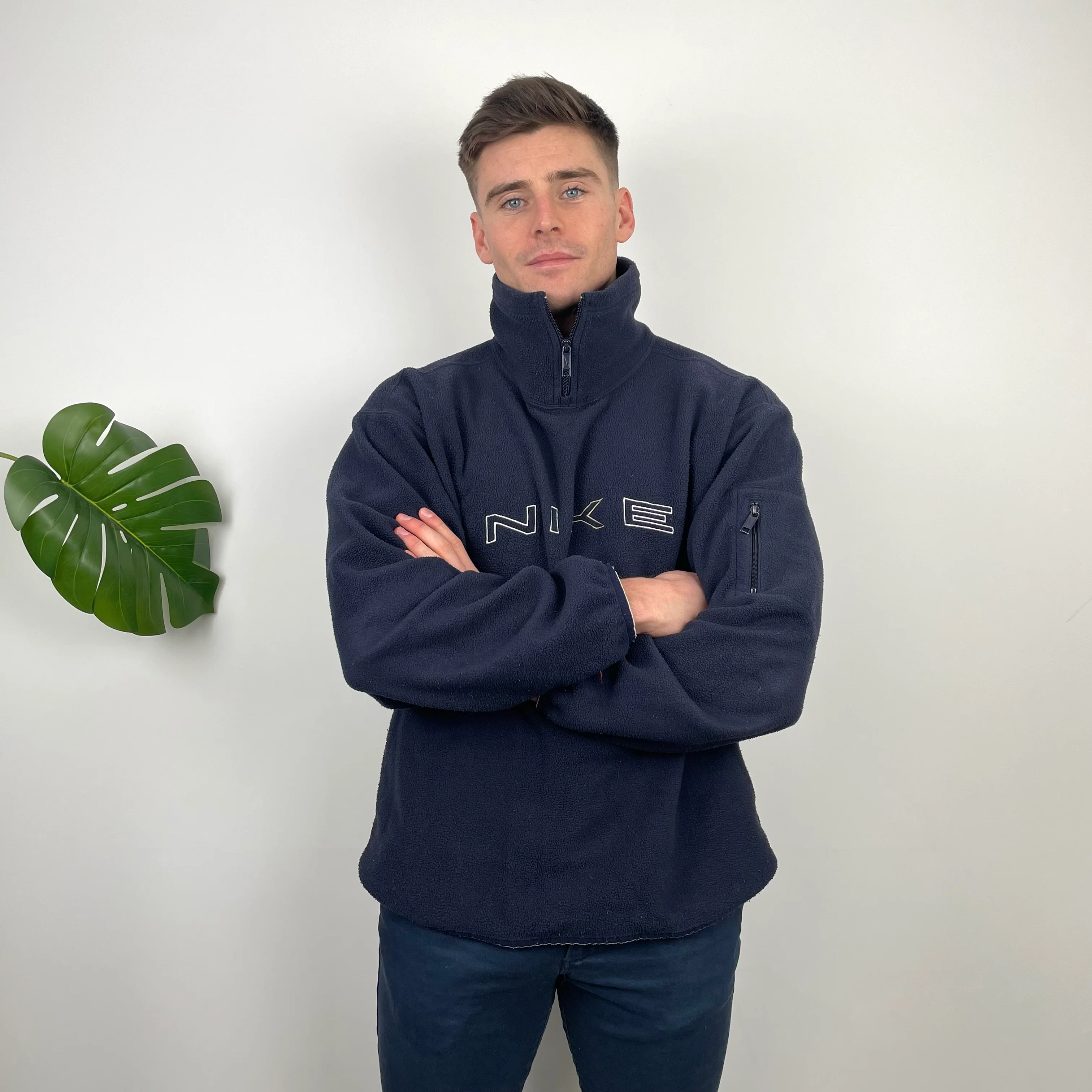 Nike Navy Embroidered Spell Out Teddy Bear Fleece Quarter Zip Sweatshirt (L) - Image 5