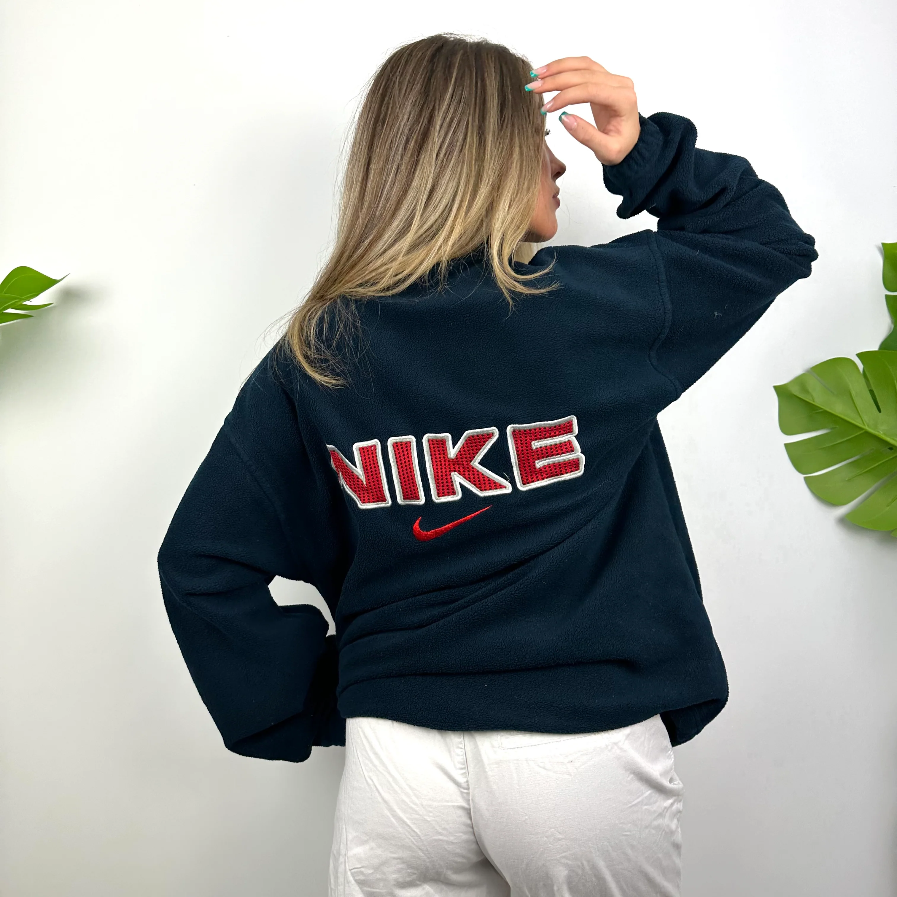 Nike Navy Embroidered Spell Out Teddy Bear Fleece Quarter Zip Sweatshirt (L) - Image 6