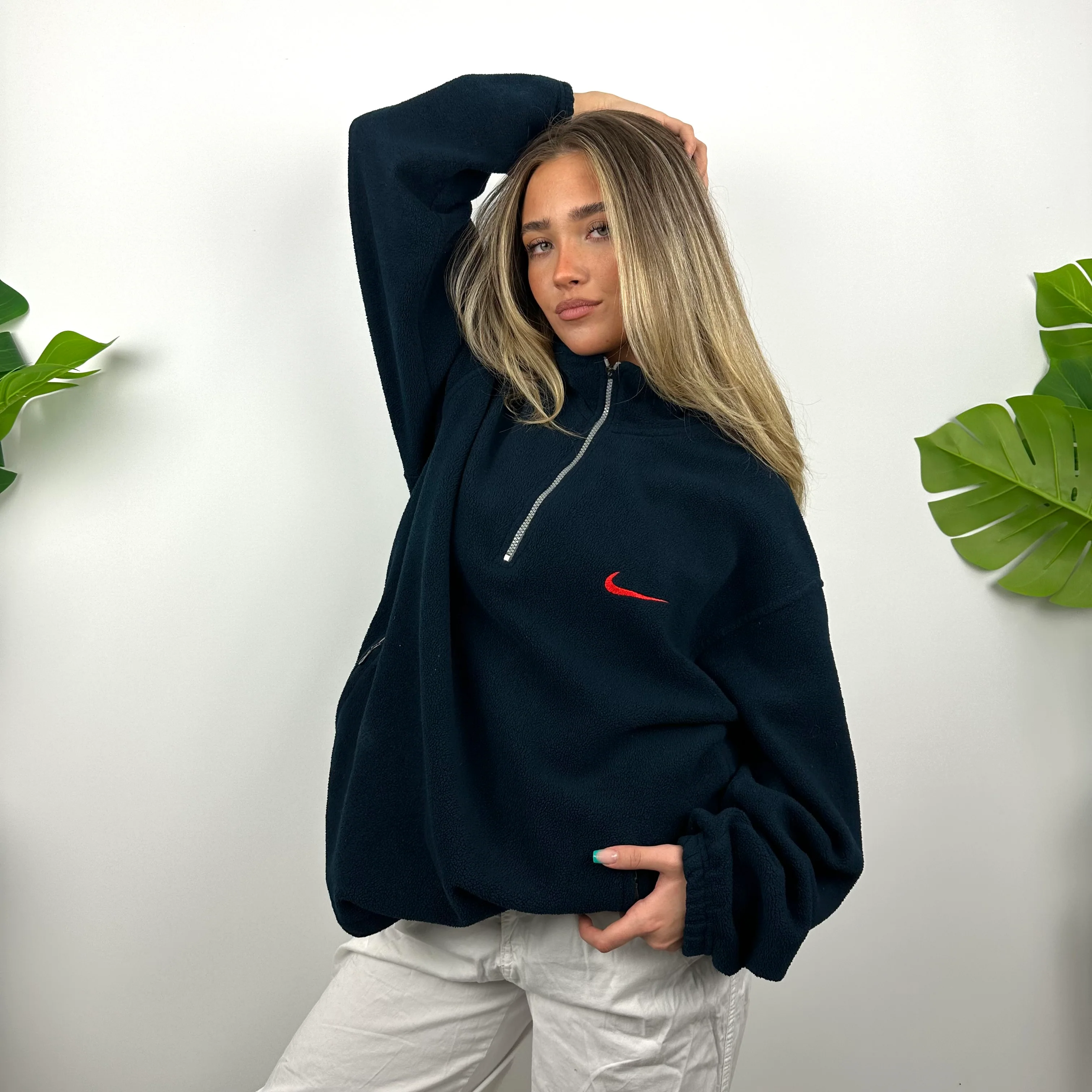Nike Navy Embroidered Spell Out Teddy Bear Fleece Quarter Zip Sweatshirt (L) - Image 8