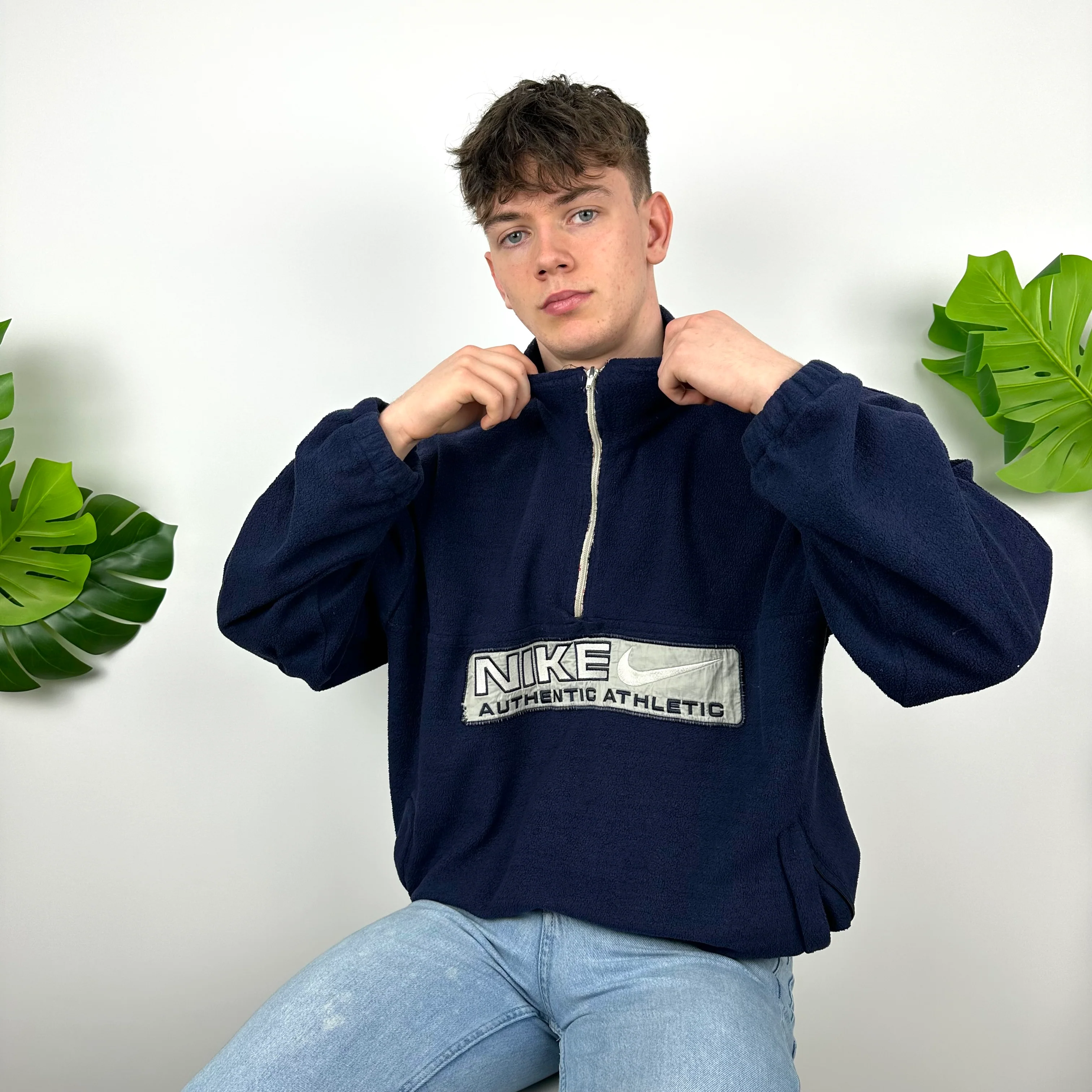 Nike Navy Embroidered Spell Out Teddy Bear Fleece Quarter Zip (XL) - Image 2
