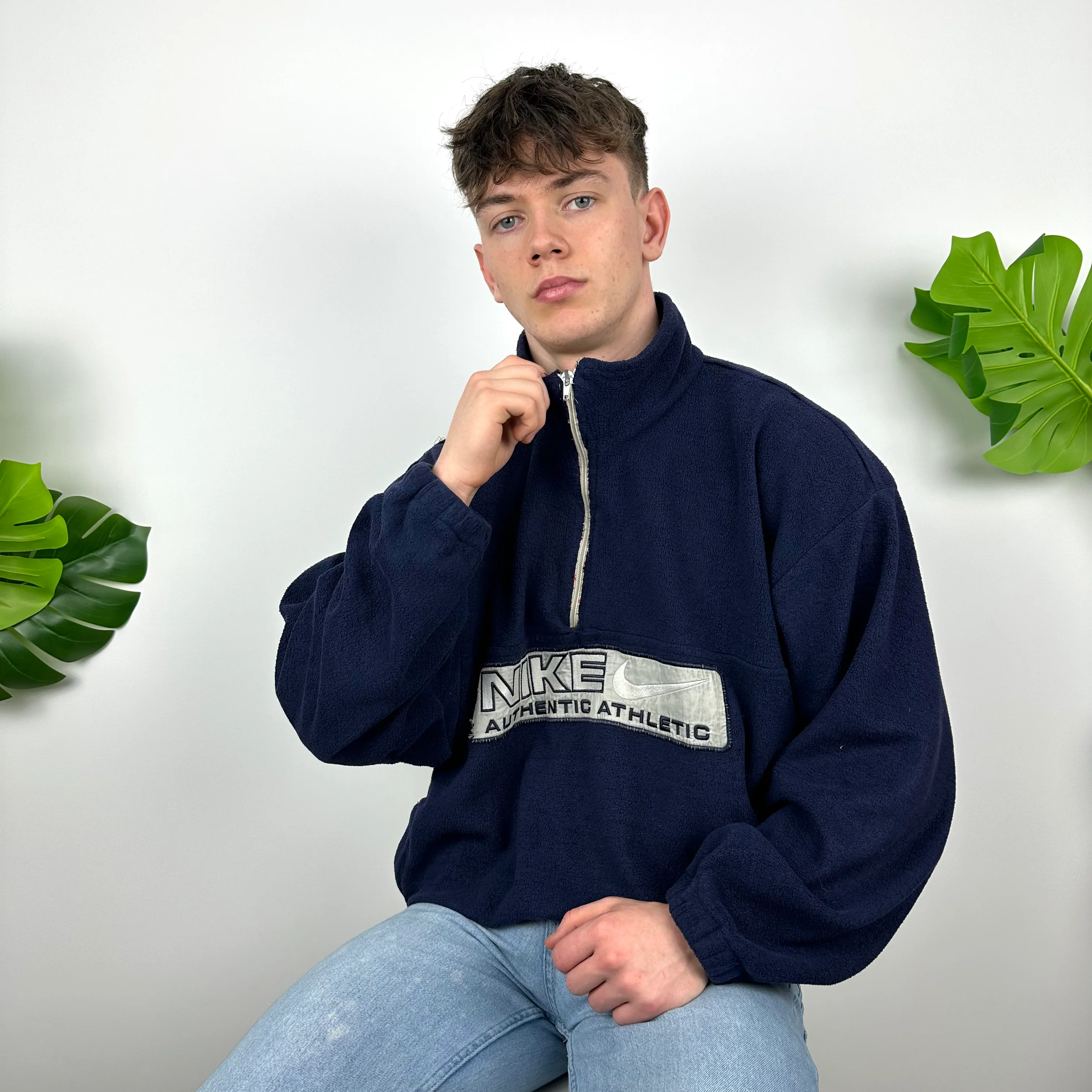 Nike Navy Embroidered Spell Out Teddy Bear Fleece Quarter Zip (XL) - Image 3