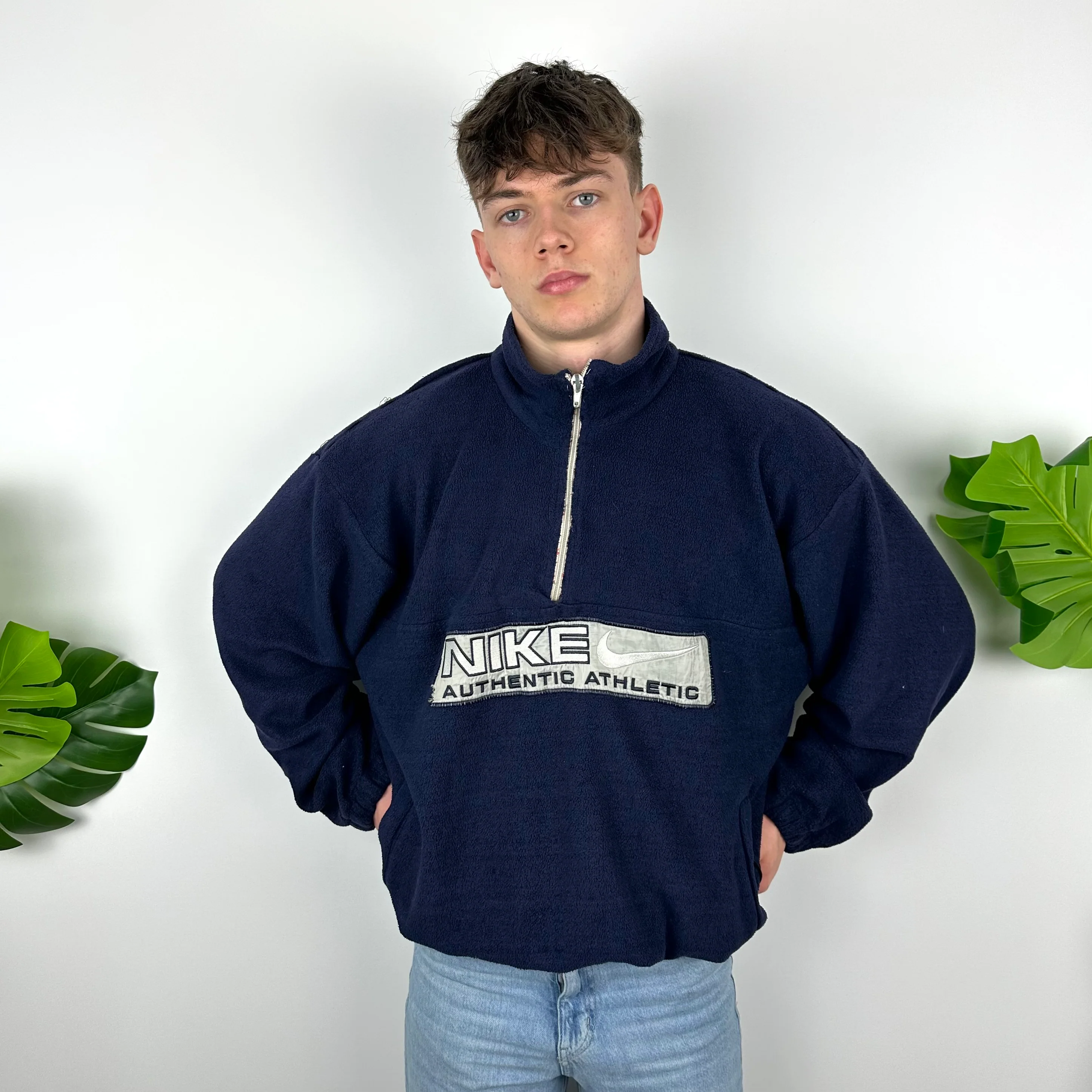 Nike Navy Embroidered Spell Out Teddy Bear Fleece Quarter Zip (XL) - Image 4