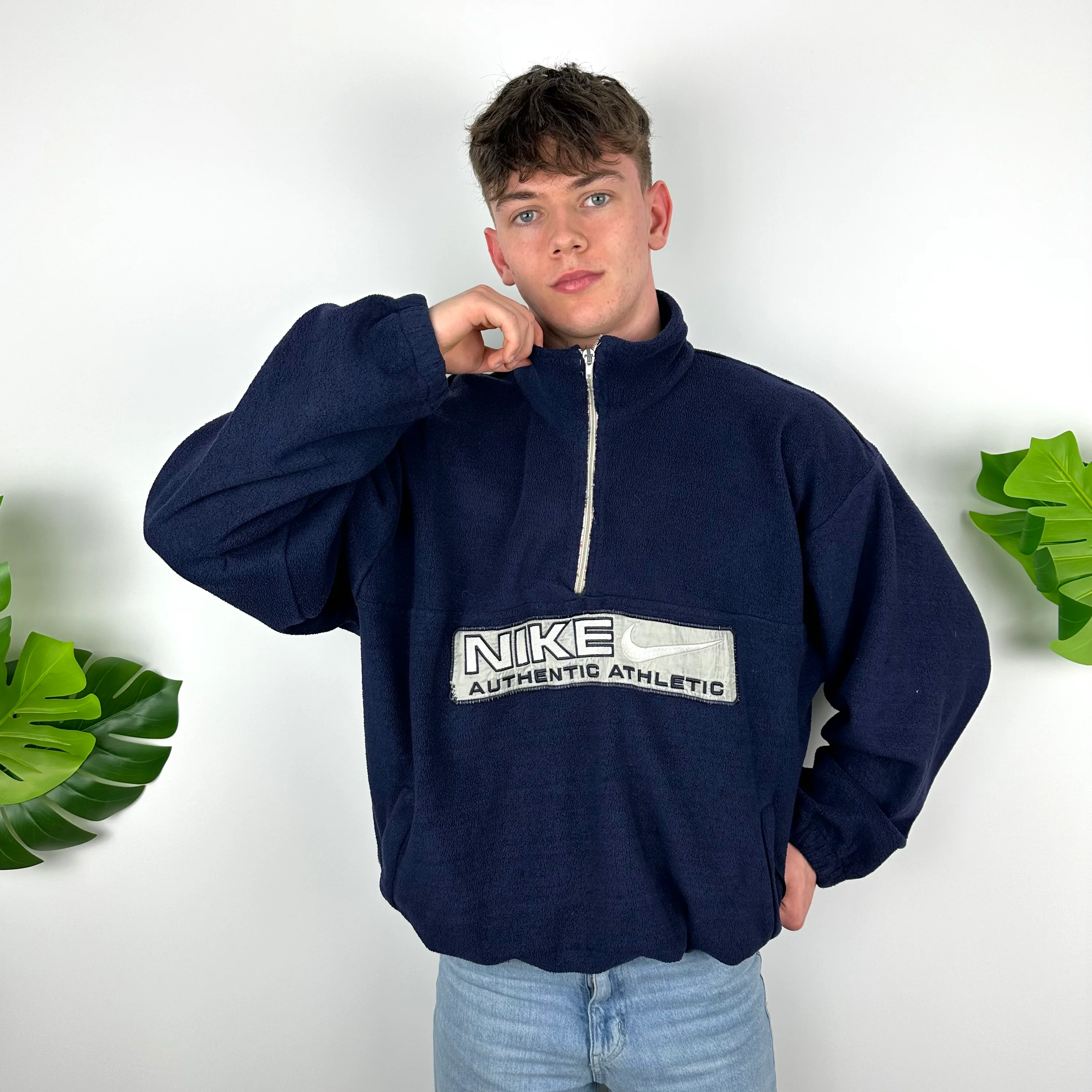 Nike Navy Embroidered Spell Out Teddy Bear Fleece Quarter Zip (XL) - Image 5