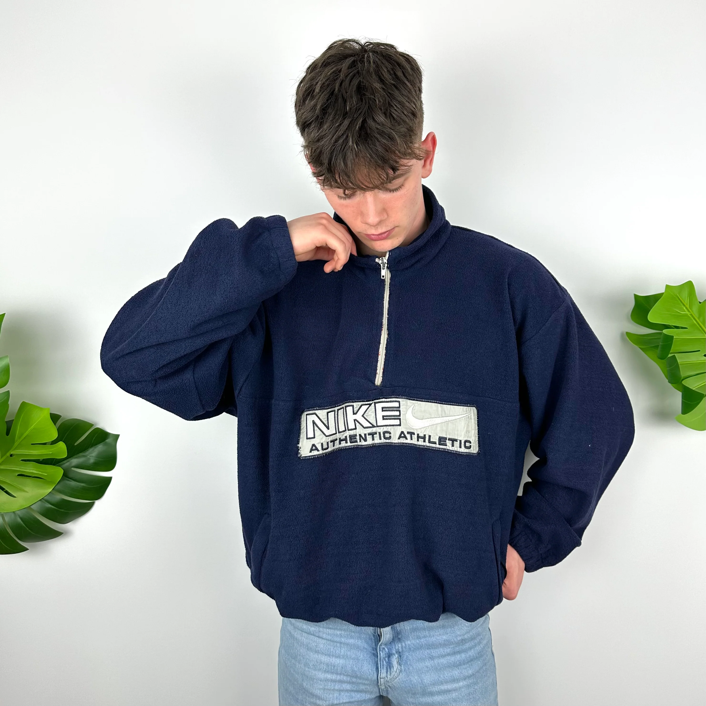 Nike Navy Embroidered Spell Out Teddy Bear Fleece Quarter Zip (XL) - Image 7