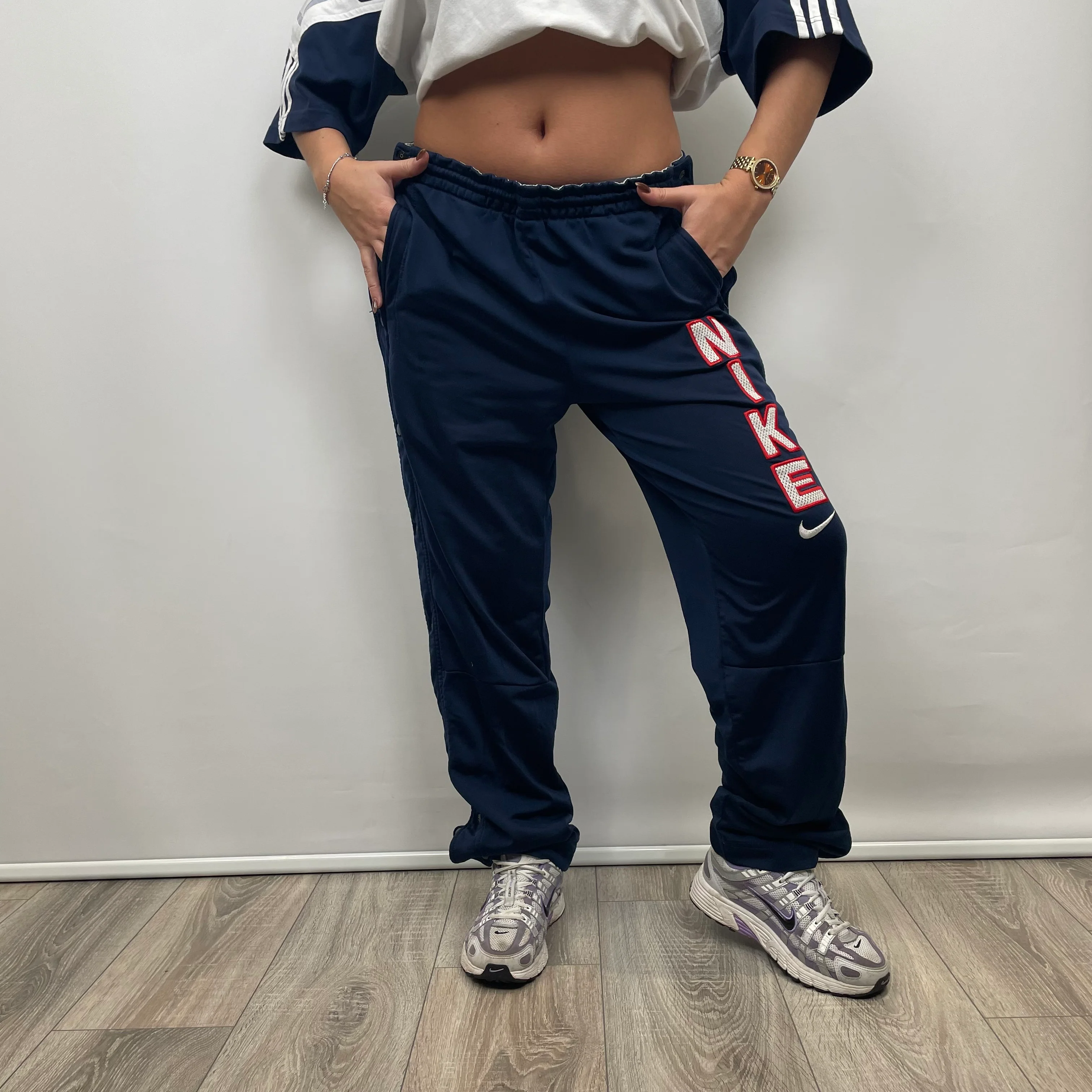 Nike Navy Embroidered Spell Out Track Pants (L) - Image 6