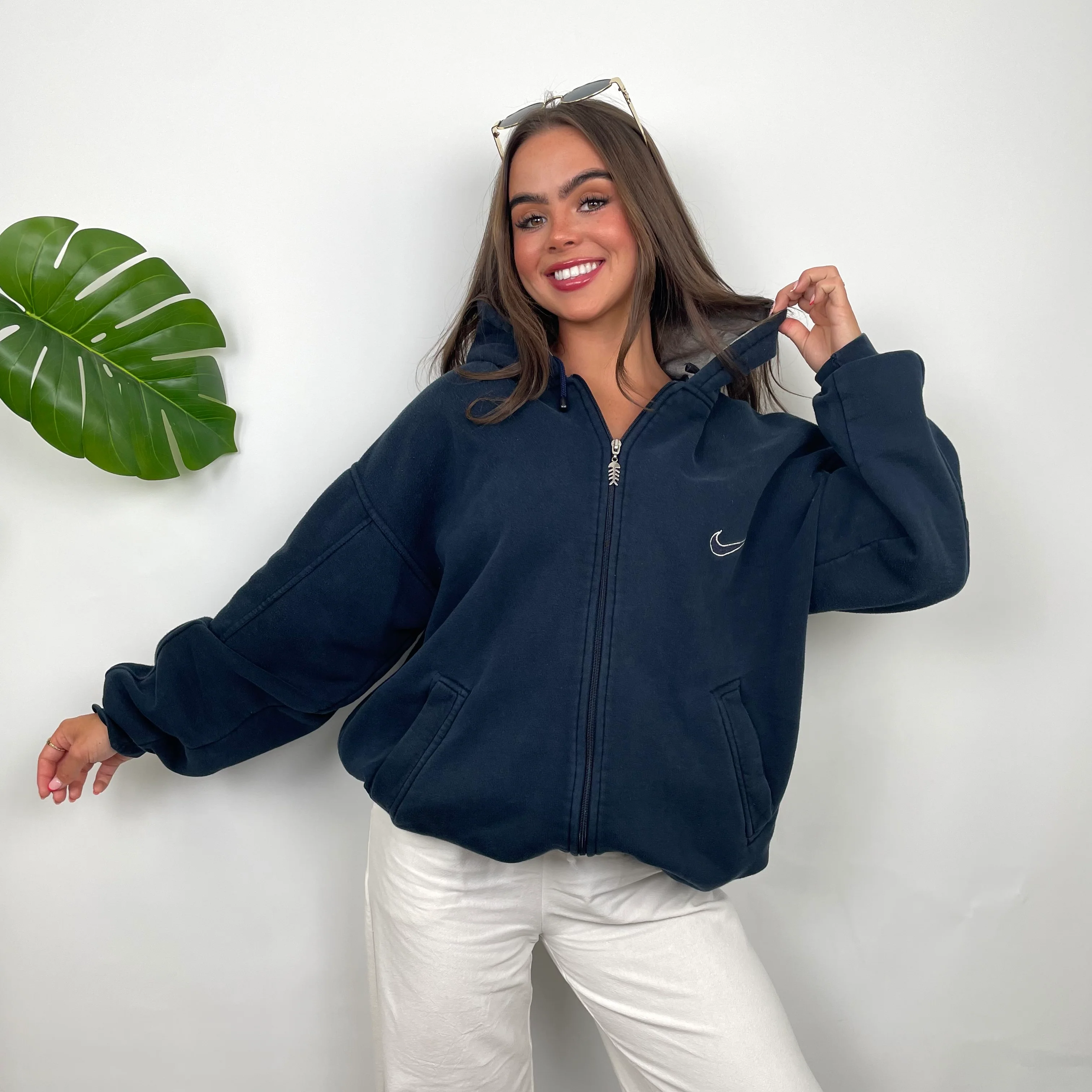 Nike Navy Embroidered Spell out Zip Up Hoodie (L) - Image 6