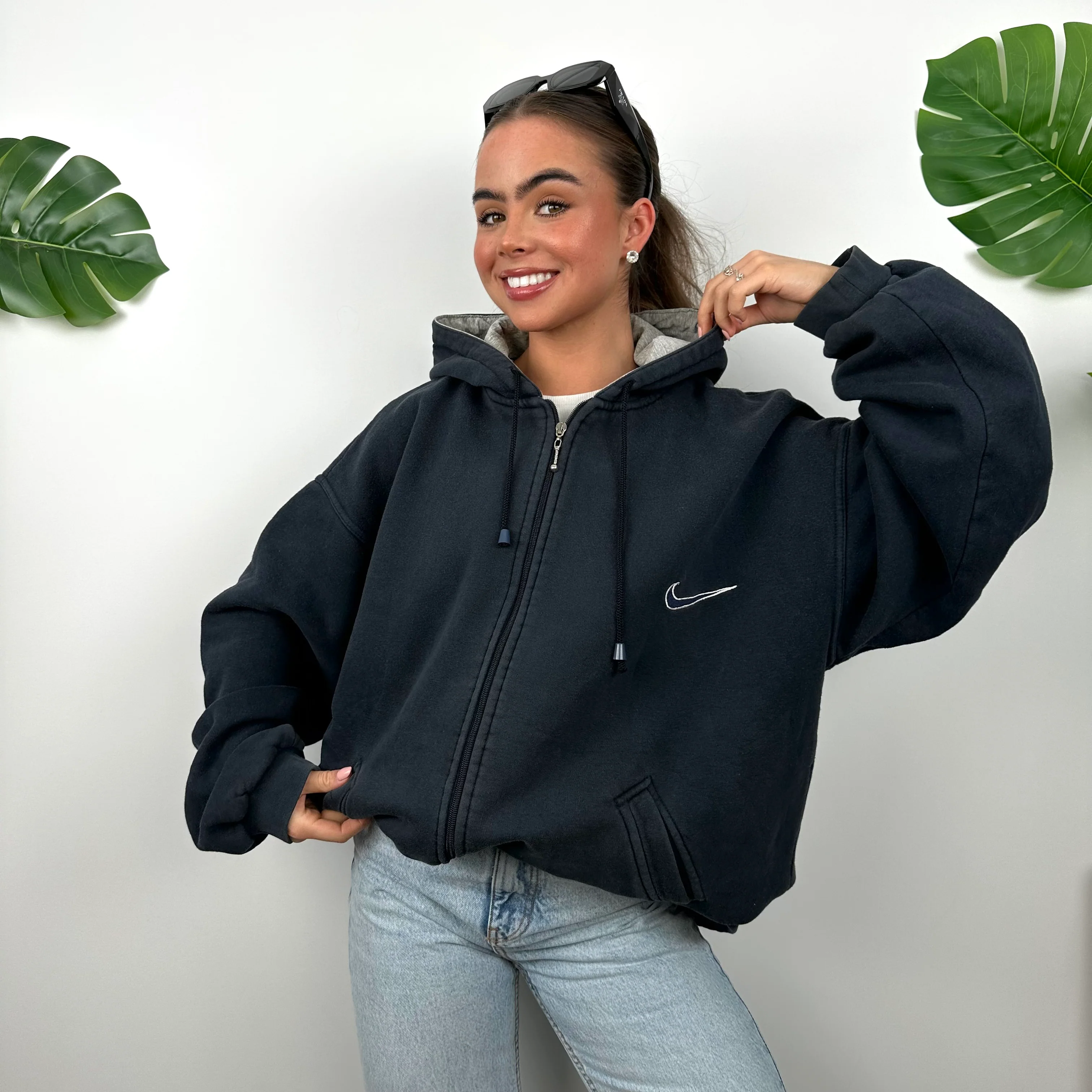 Nike Navy Embroidered Spell Out Zip Up Hoodie Jacket (L) - Image 3