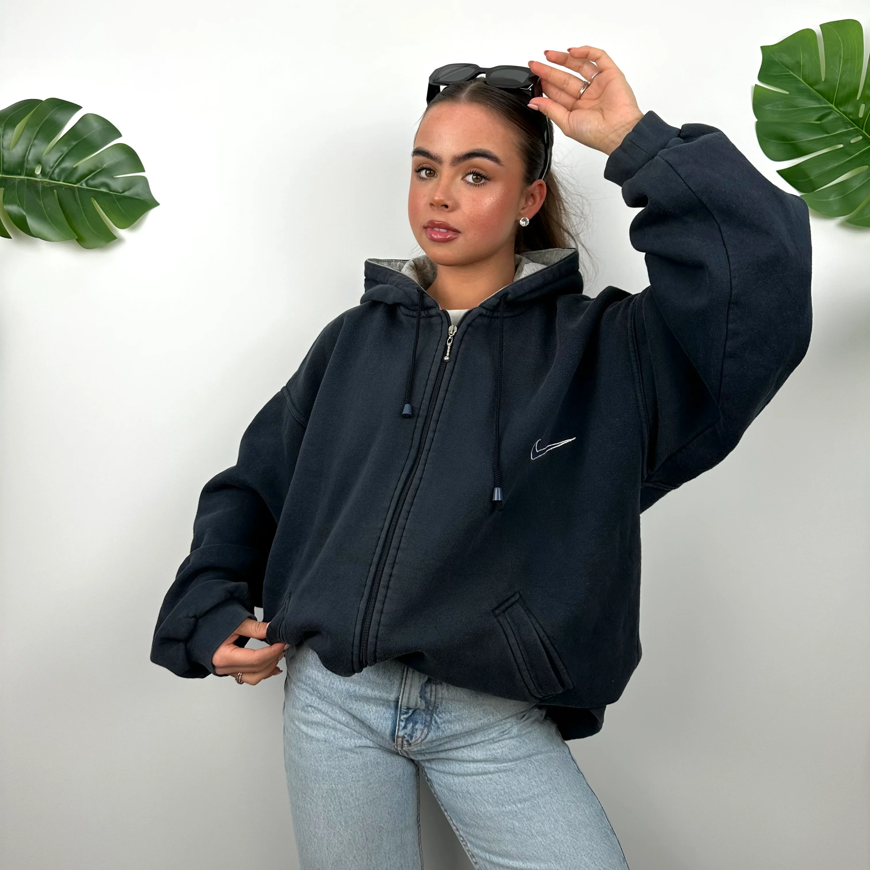 Nike Navy Embroidered Spell Out Zip Up Hoodie Jacket (L) - Image 5