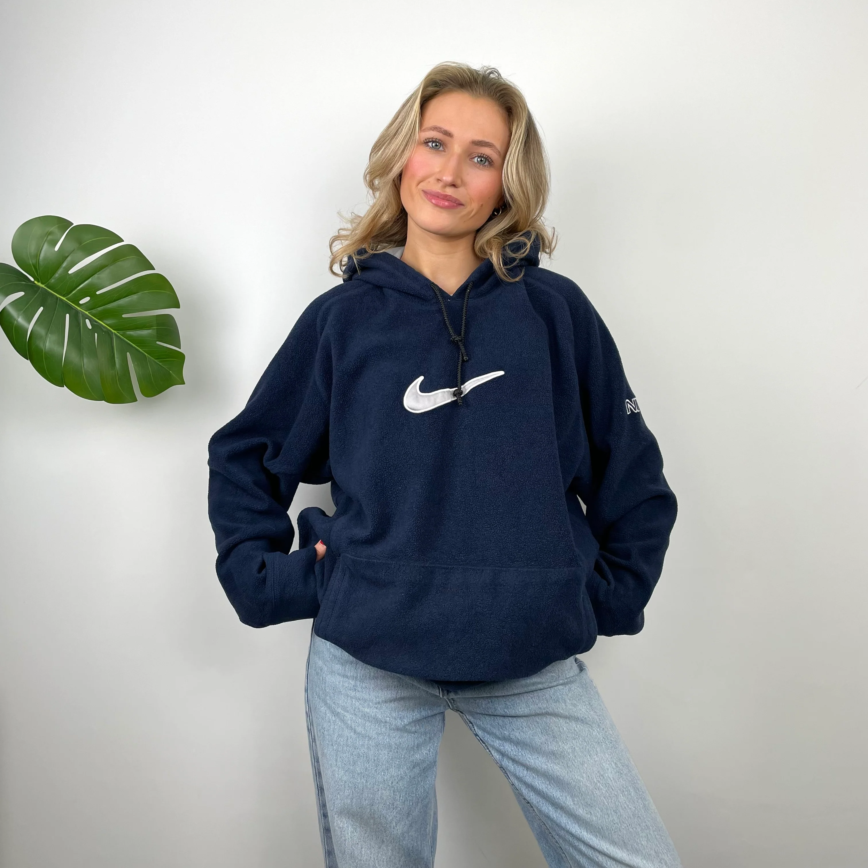Nike Navy Embroidered Swoosh Fleece Hoodie (XL) - Image 2