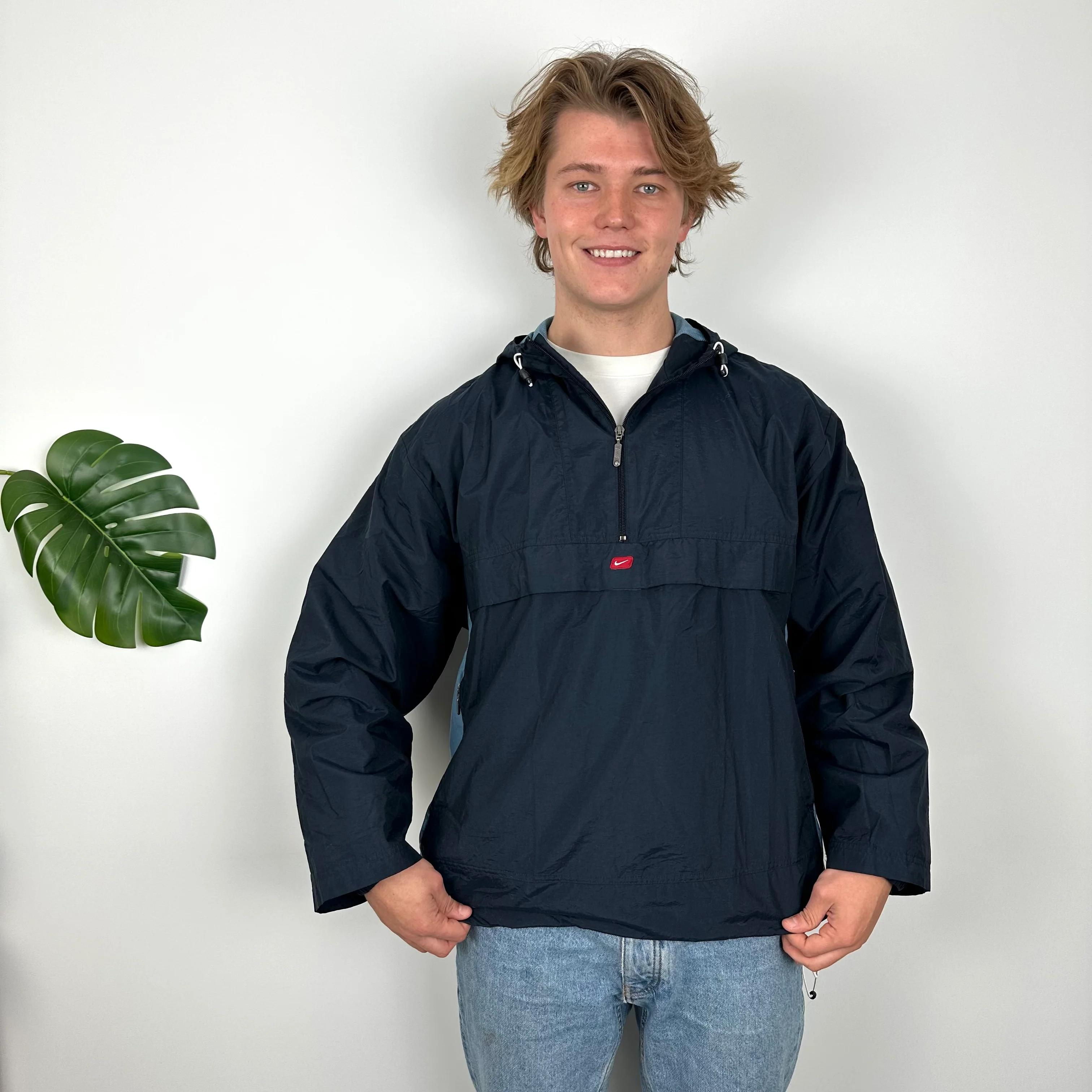 Nike Navy Embroidered Swoosh Quarter Zip Pullover Windbreaker Jacket (L)