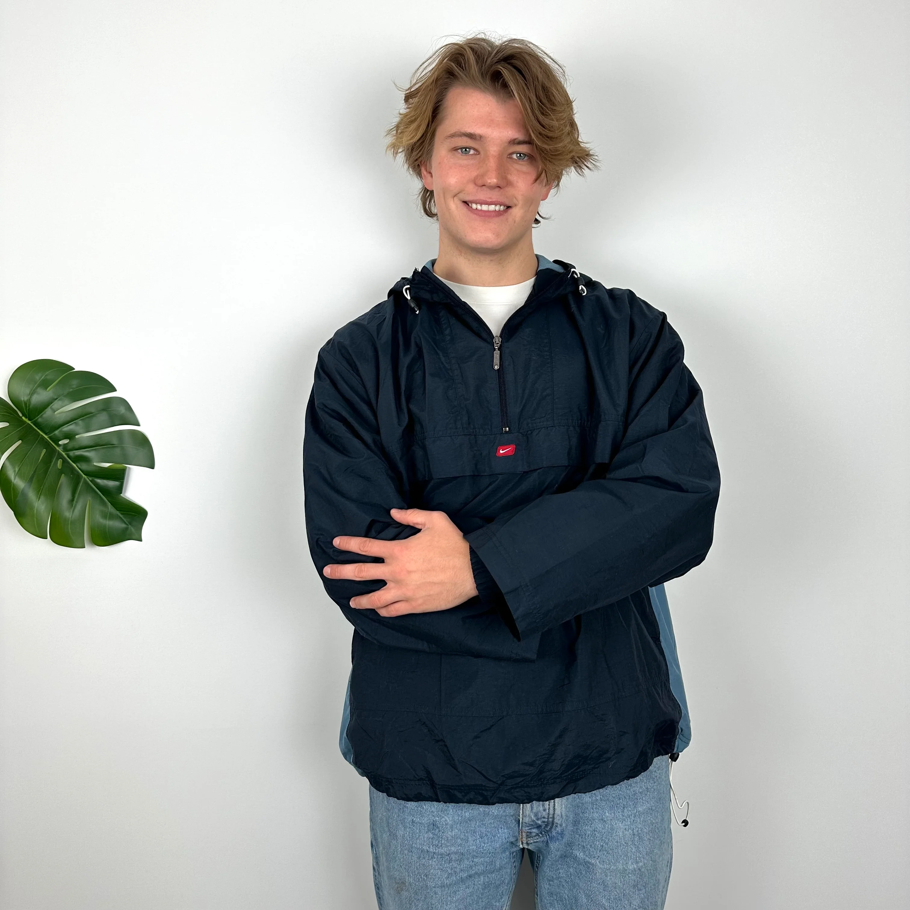 Nike Navy Embroidered Swoosh Quarter Zip Pullover Windbreaker Jacket (L) - Image 2