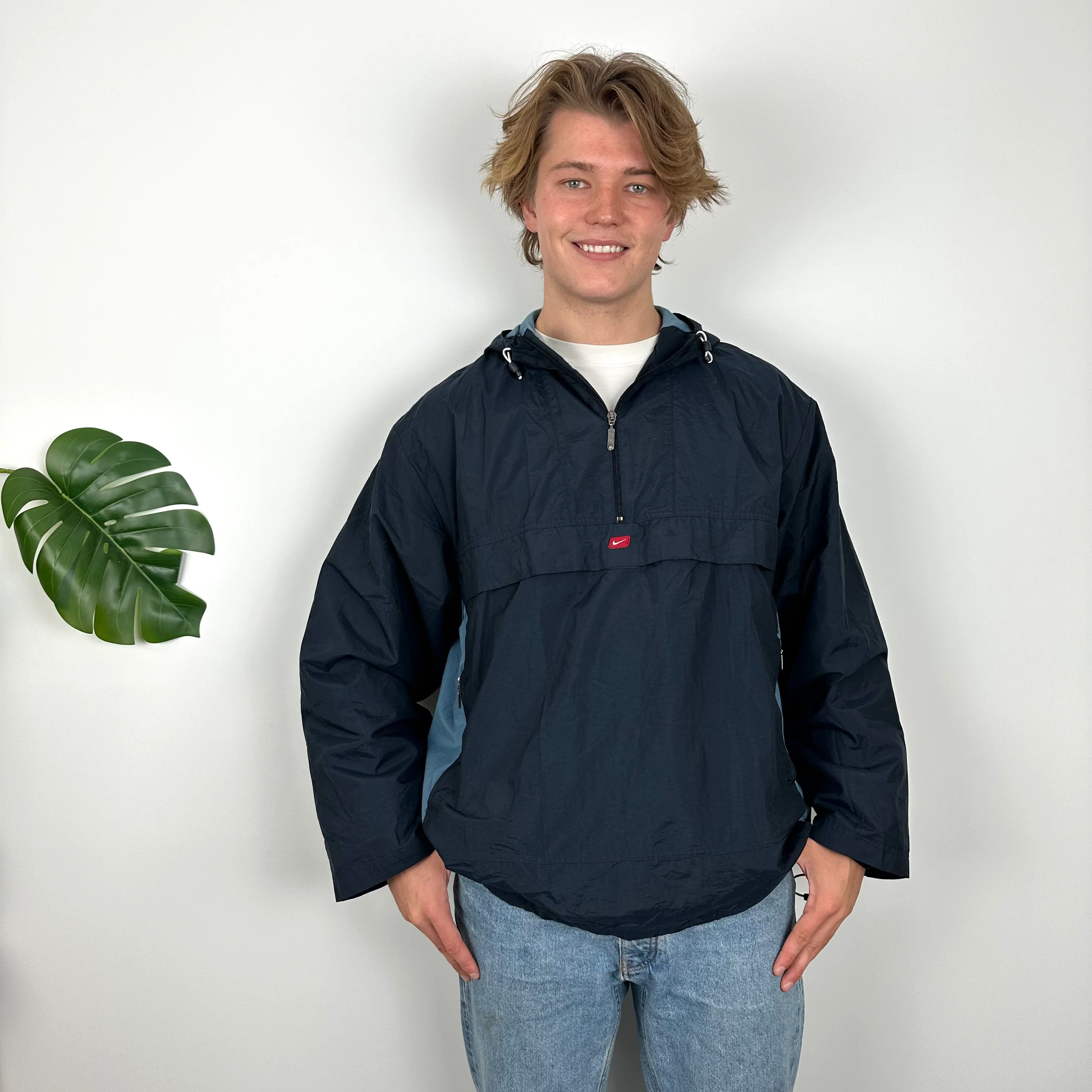 Nike Navy Embroidered Swoosh Quarter Zip Pullover Windbreaker Jacket (L) - Image 3
