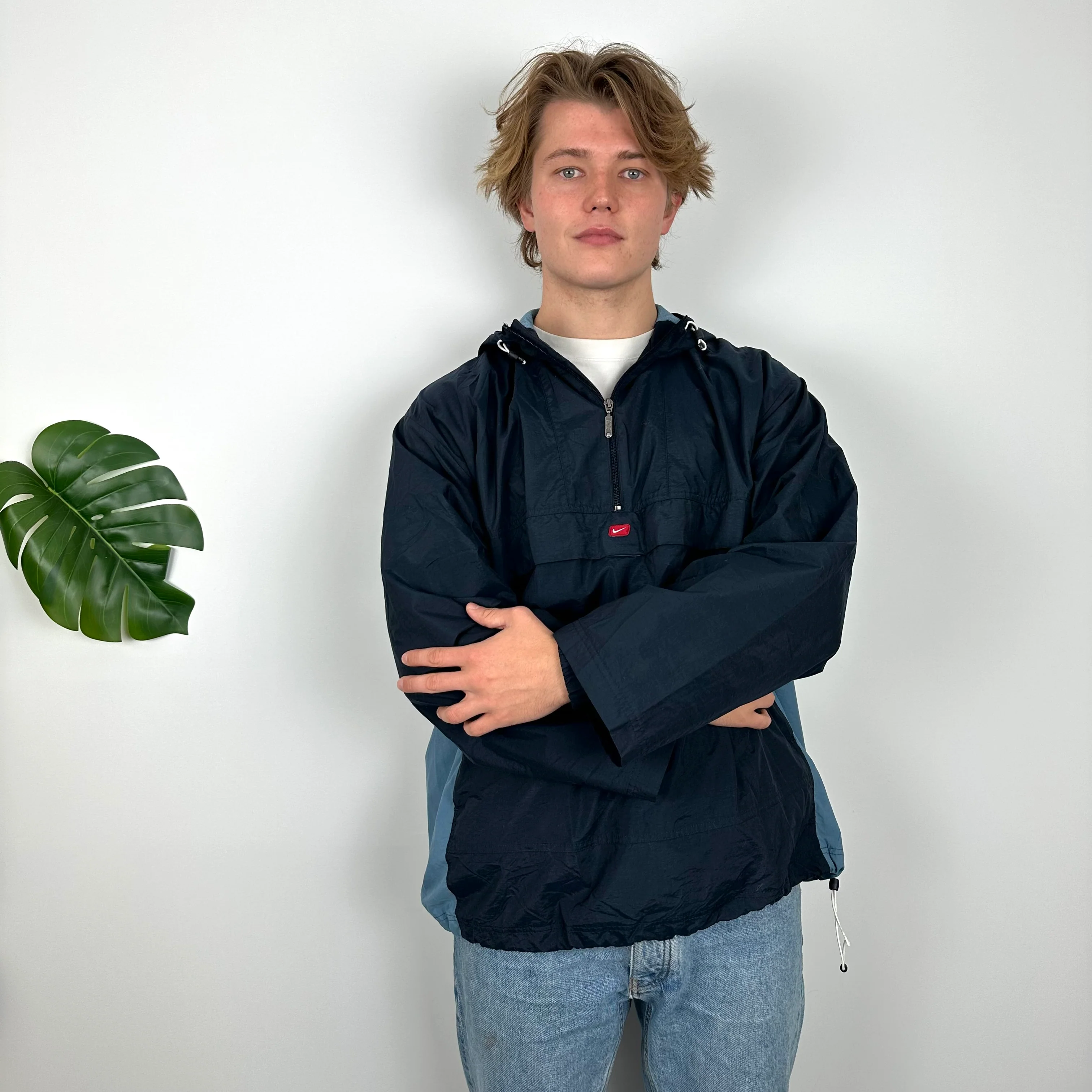 Nike Navy Embroidered Swoosh Quarter Zip Pullover Windbreaker Jacket (L) - Image 4
