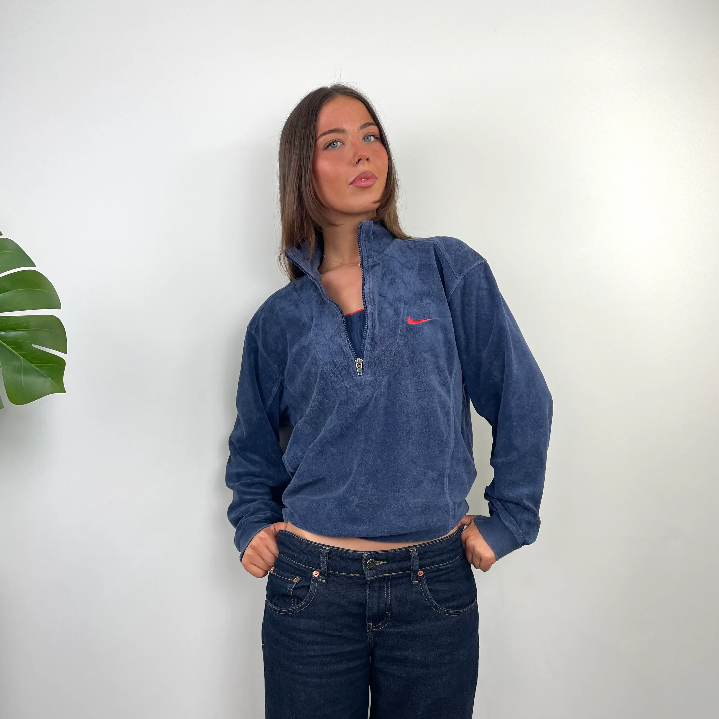 Nike Navy Embroidered Swoosh Quarter Zip Sweatshirt (S) - Image 3