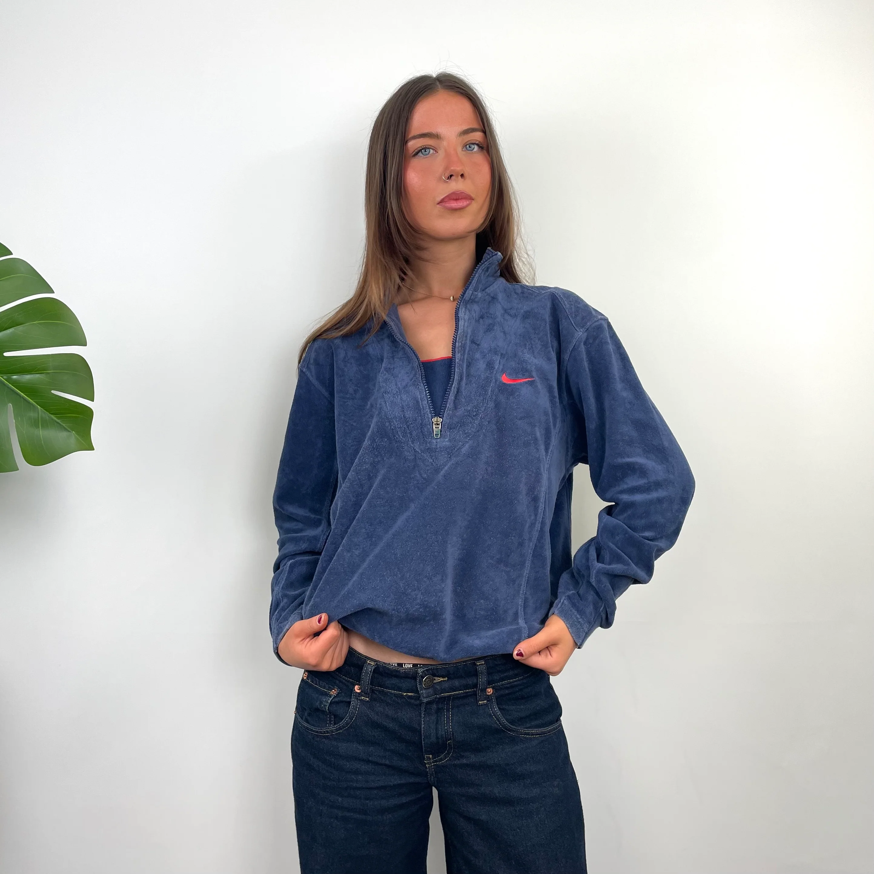 Nike Navy Embroidered Swoosh Quarter Zip Sweatshirt (S) - Image 5