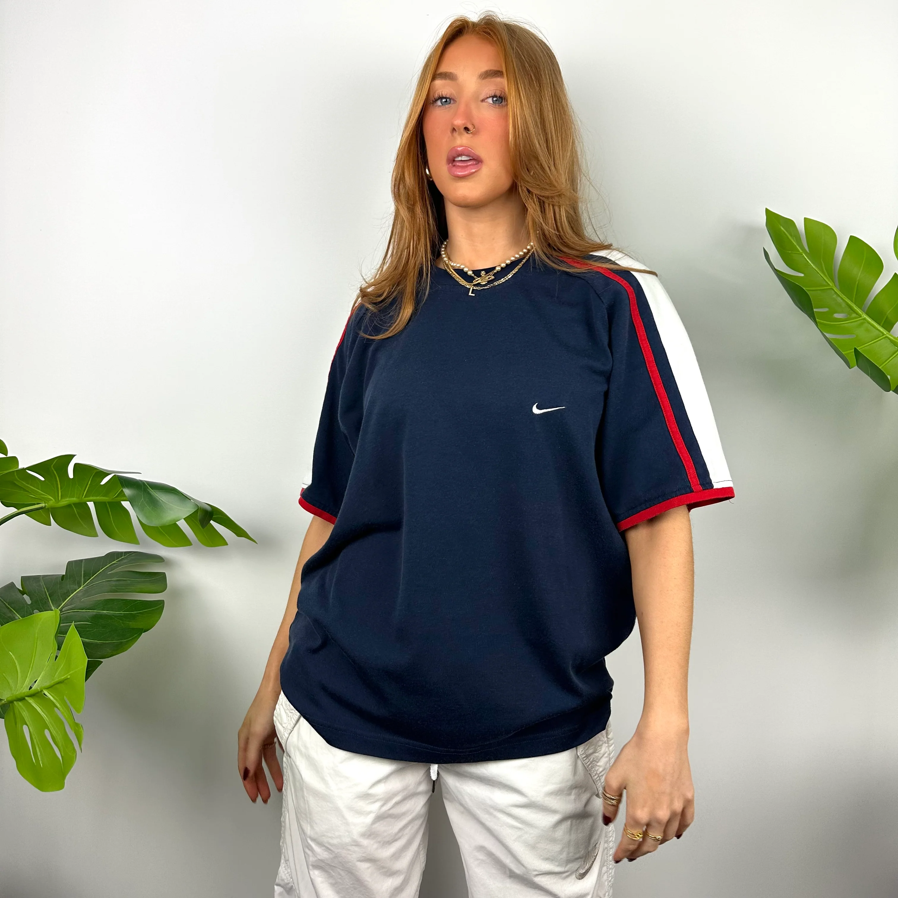 Nike Navy Embroidered Swoosh T Shirt (L)