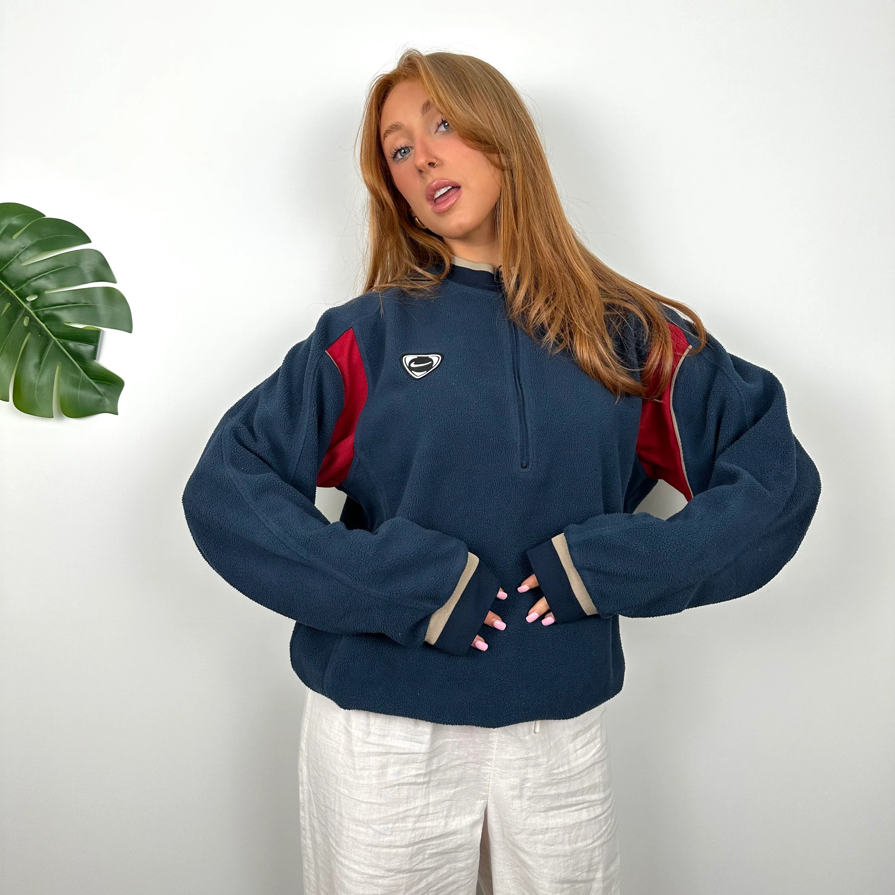 Nike Navy Embroidered Swoosh Teddy Bear Fleece Quarter Zip Sweatshirt (M) - Image 2