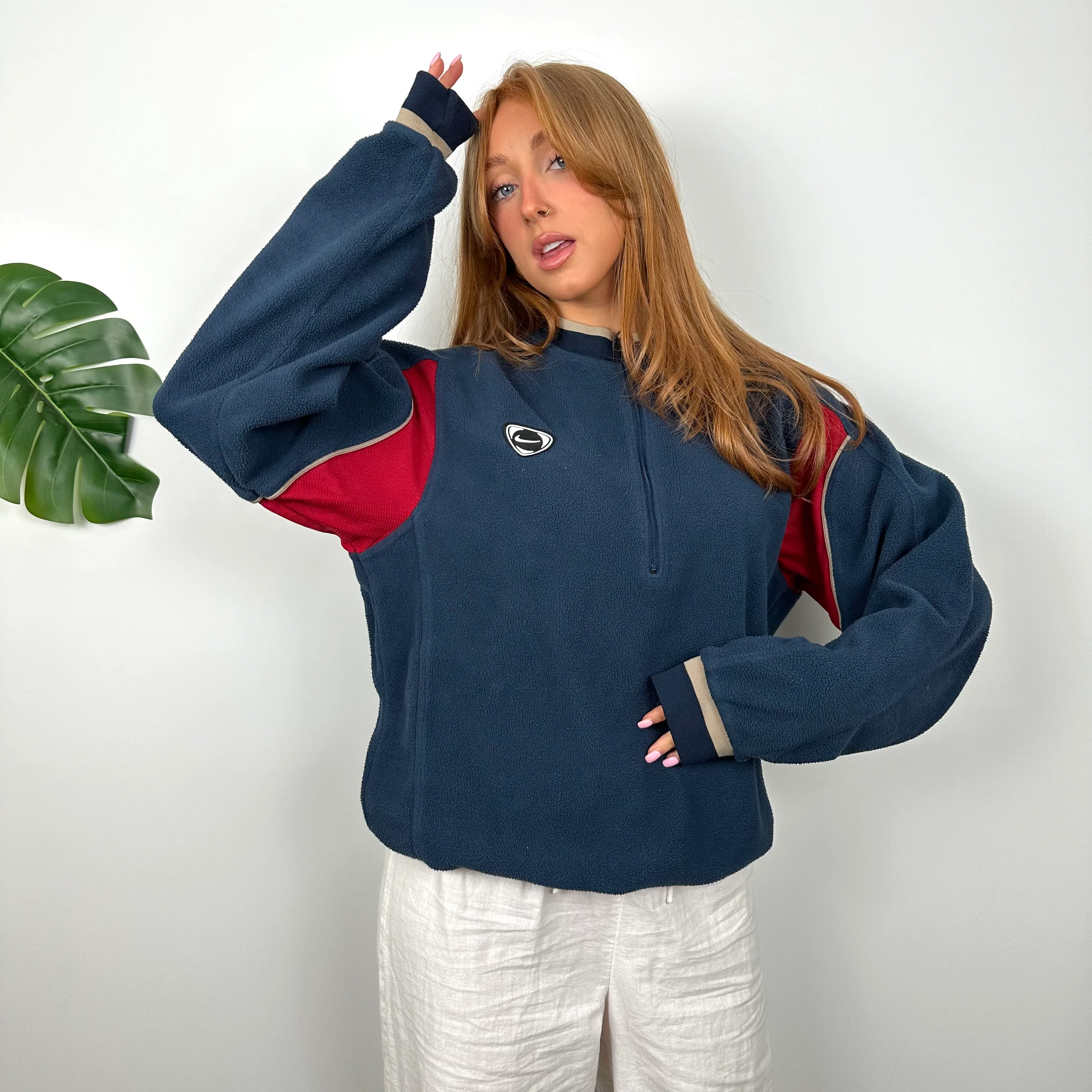 Nike Navy Embroidered Swoosh Teddy Bear Fleece Quarter Zip Sweatshirt (M) - Image 3