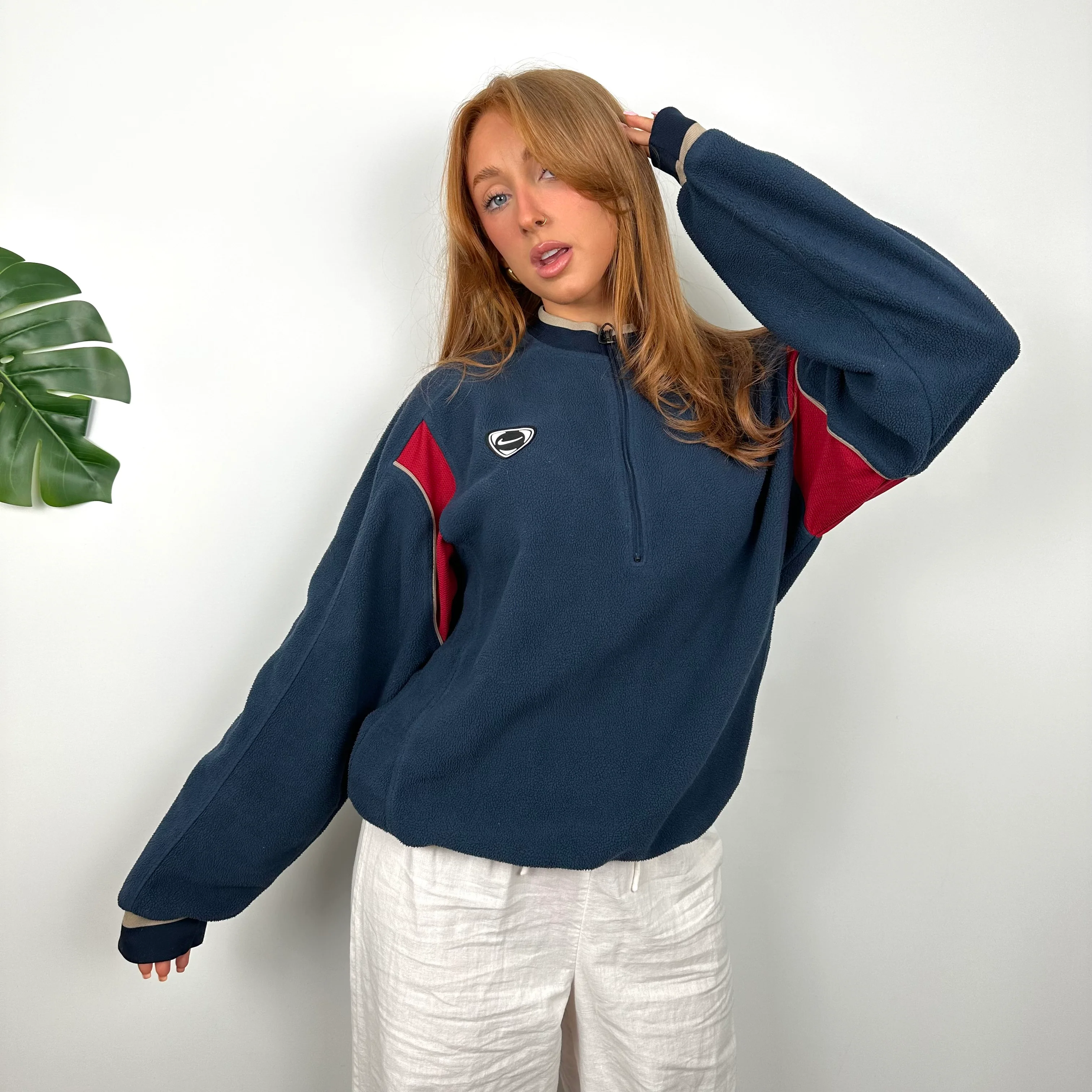 Nike Navy Embroidered Swoosh Teddy Bear Fleece Quarter Zip Sweatshirt (M) - Image 6