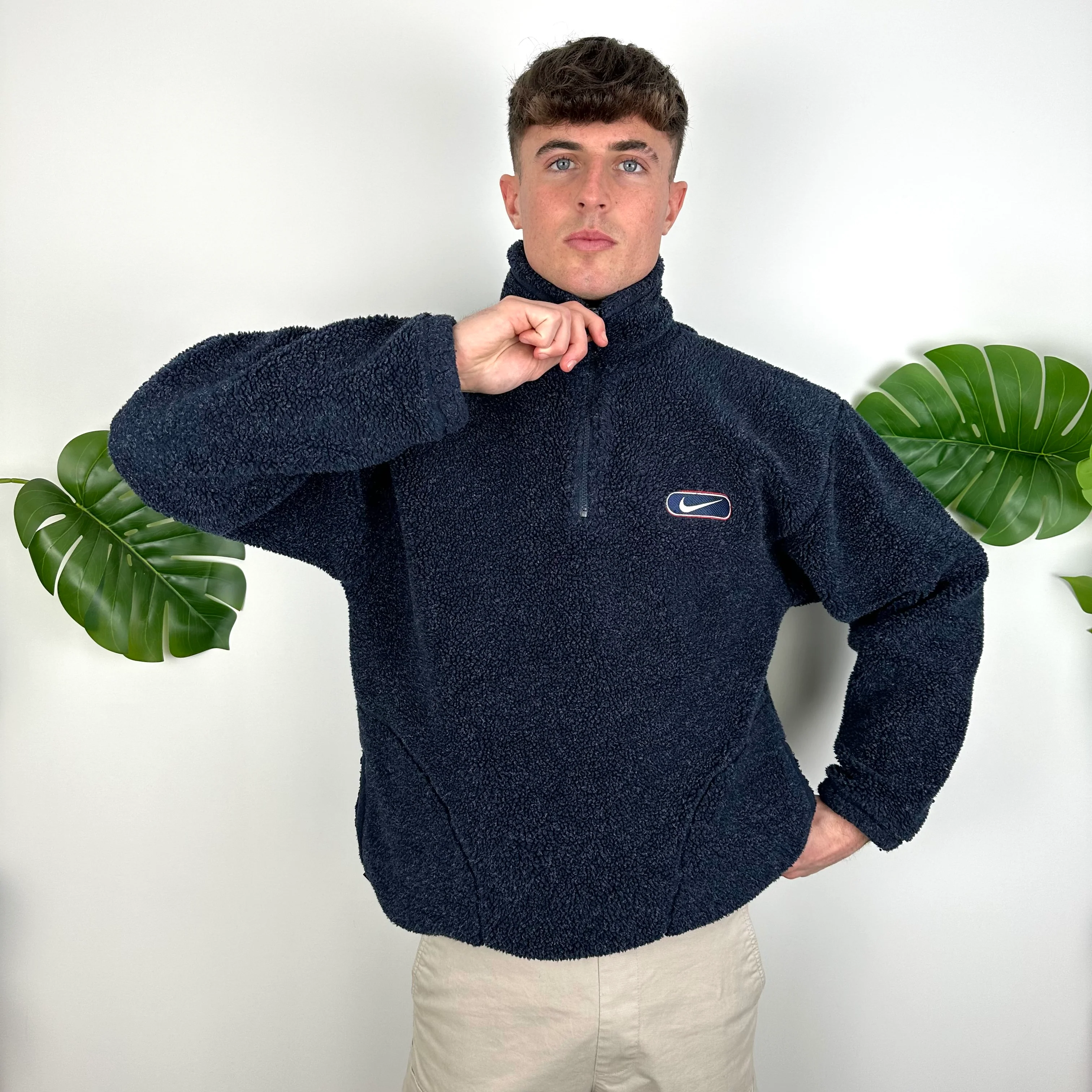 Nike Navy Embroidered Swoosh Teddy Bear Fleece Sherpa Quarter Zip Sweatshirt (M) - Image 3