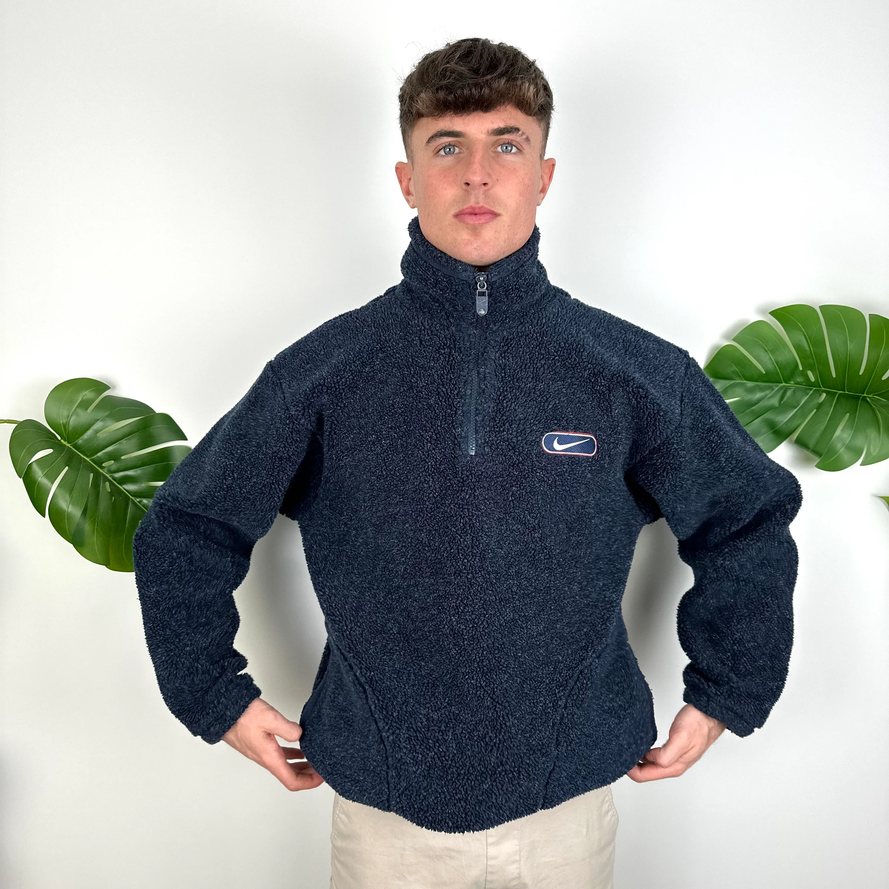 Nike Navy Embroidered Swoosh Teddy Bear Fleece Sherpa Quarter Zip Sweatshirt (M) - Image 4