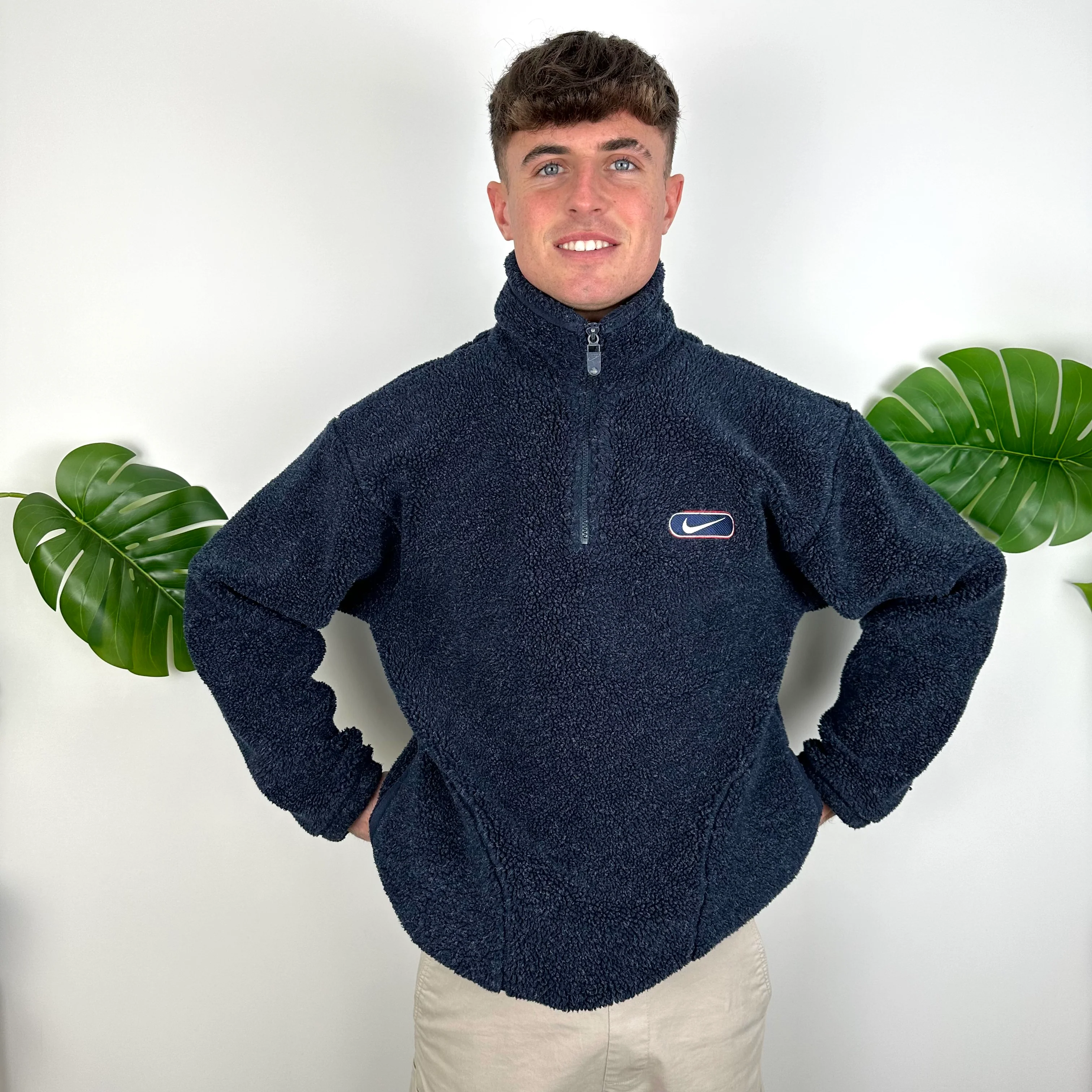 Nike Navy Embroidered Swoosh Teddy Bear Fleece Sherpa Quarter Zip Sweatshirt (M) - Image 5