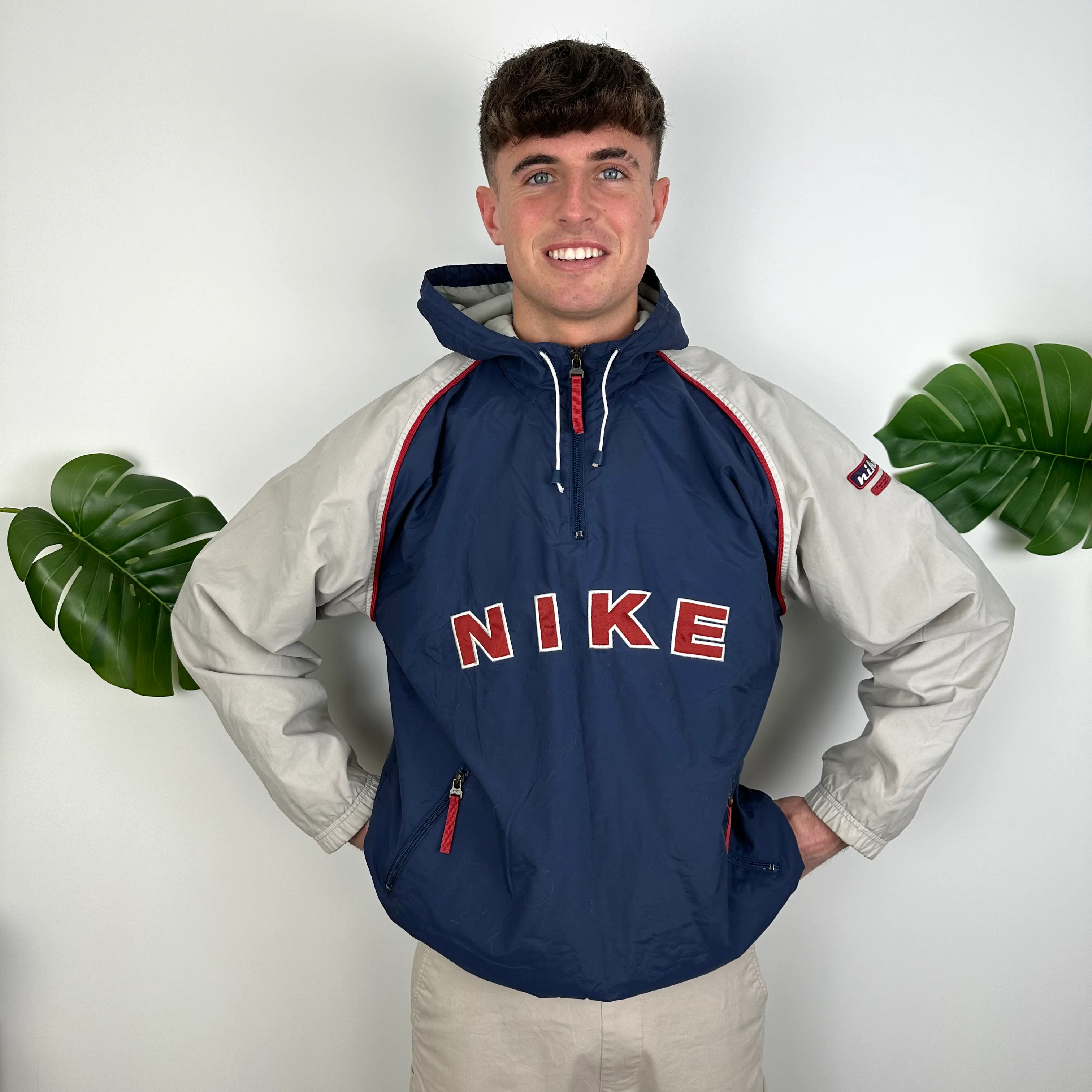 Nike Navy & Grey Embroidered Spell Out Quarter Zip Windbreaker Jacket (L) - Image 2