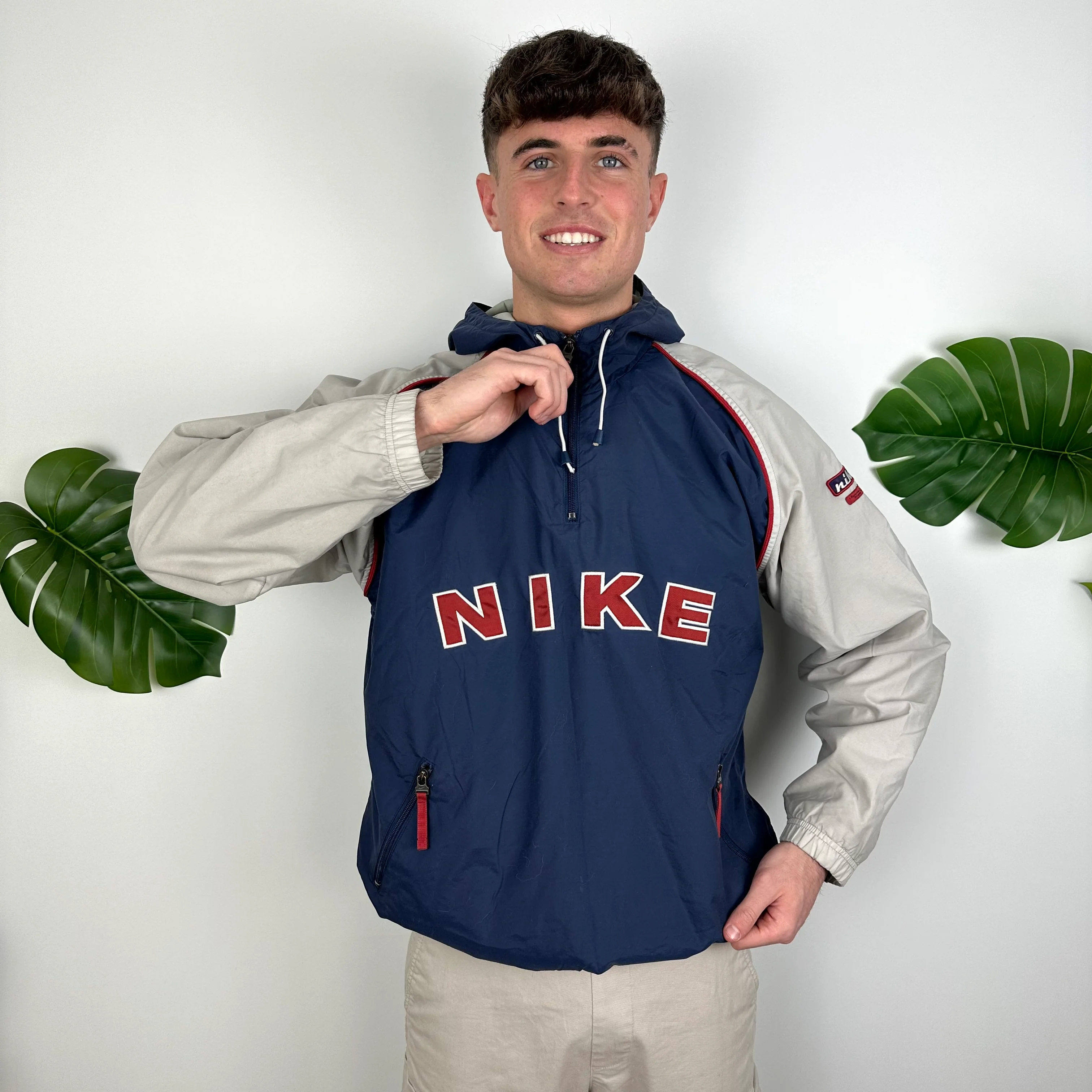 Nike Navy & Grey Embroidered Spell Out Quarter Zip Windbreaker Jacket (L) - Image 3