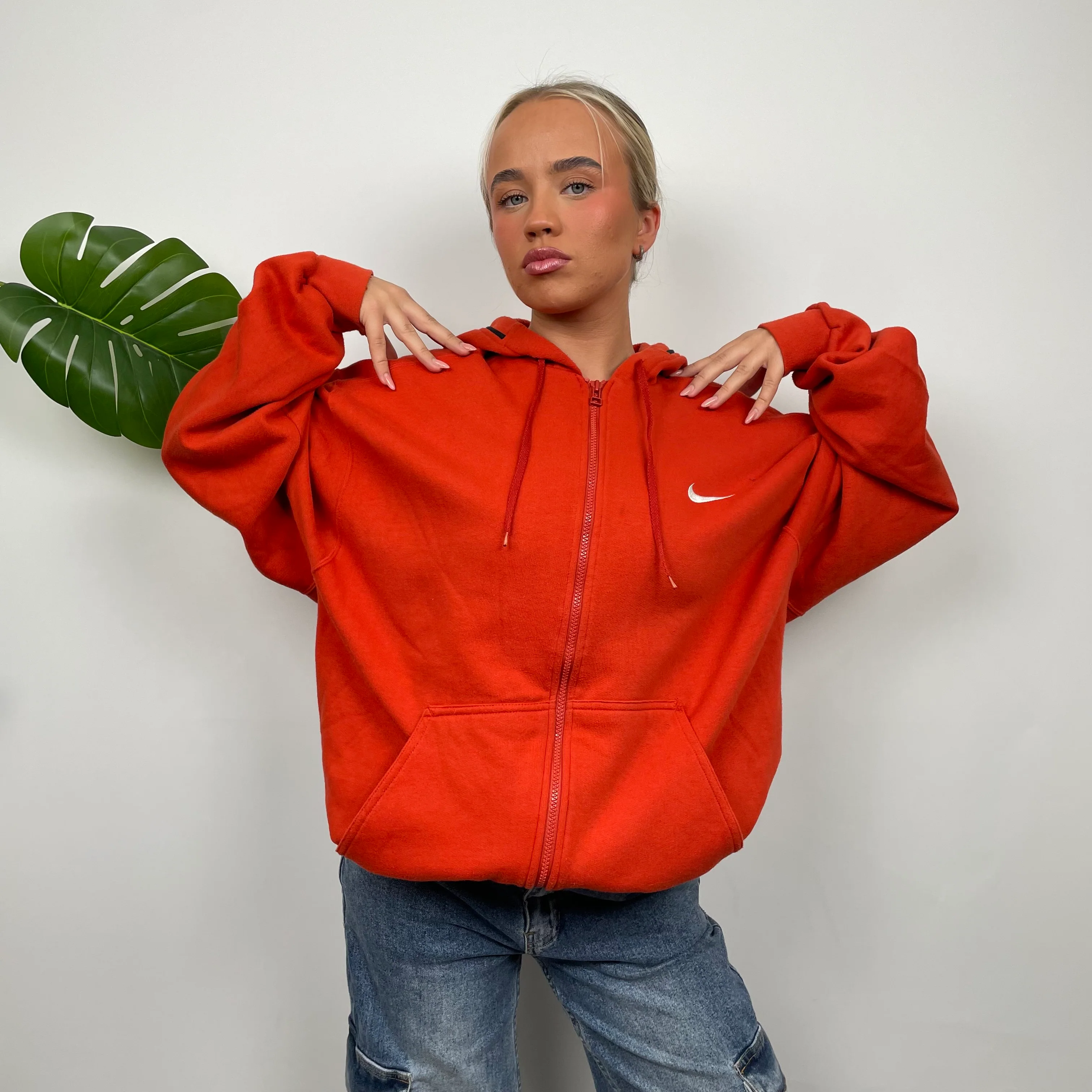 Nike Orange Embroidered Swoosh Zip Up Hoodie Jacket (L) - Image 4
