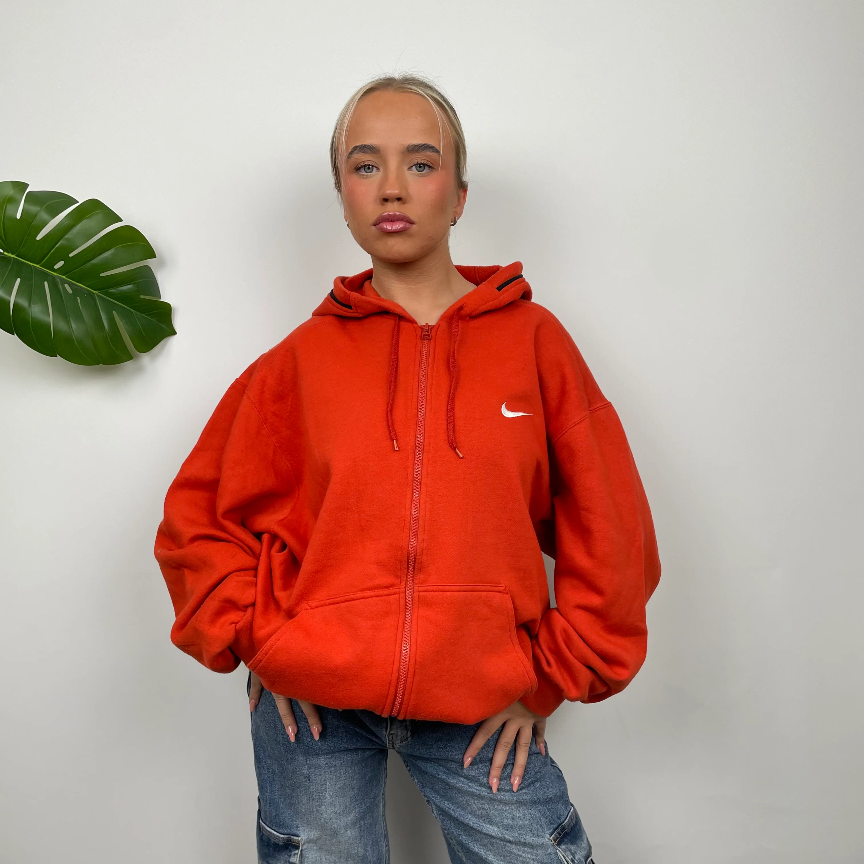 Nike Orange Embroidered Swoosh Zip Up Hoodie Jacket (L) - Image 5