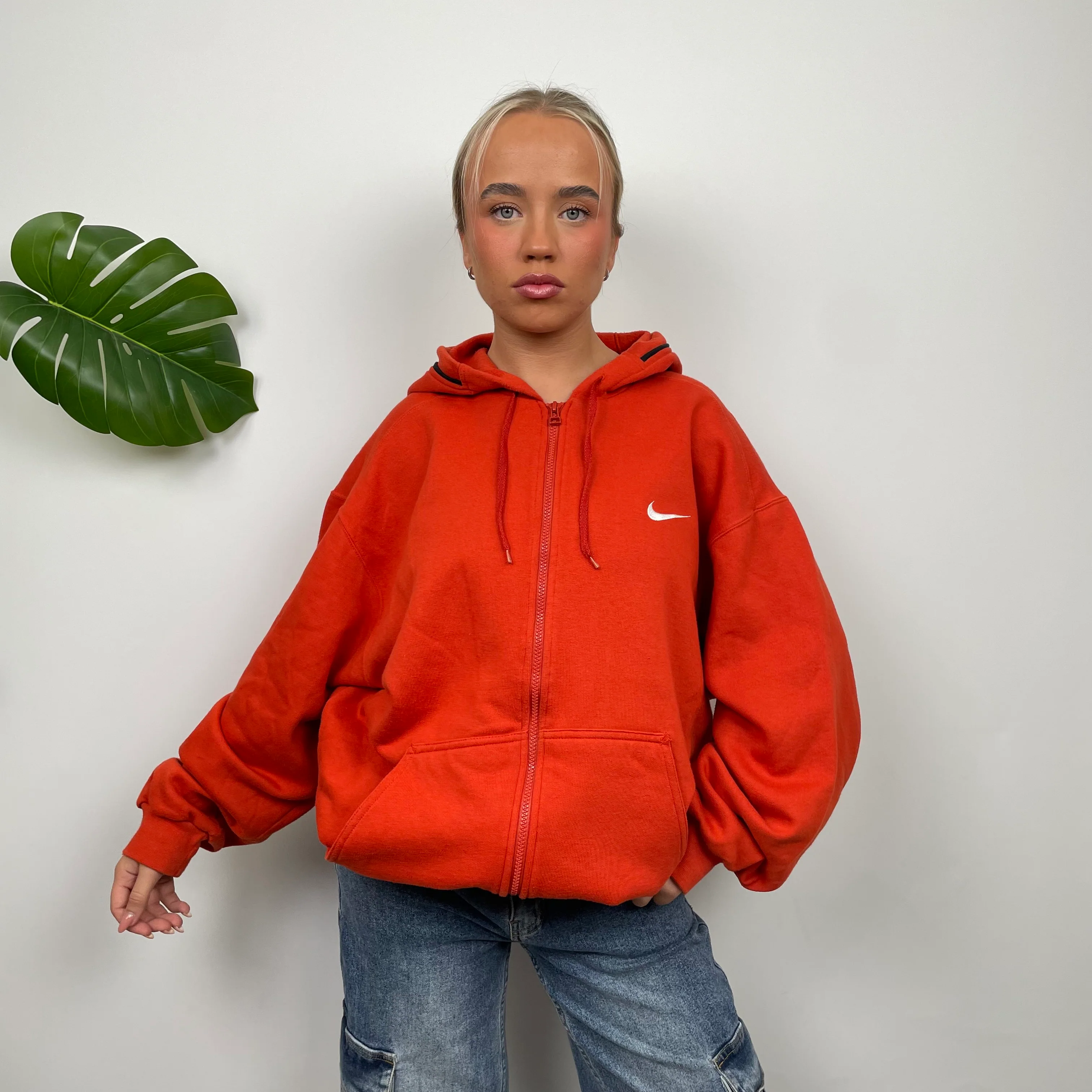 Nike Orange Embroidered Swoosh Zip Up Hoodie Jacket (L) - Image 7