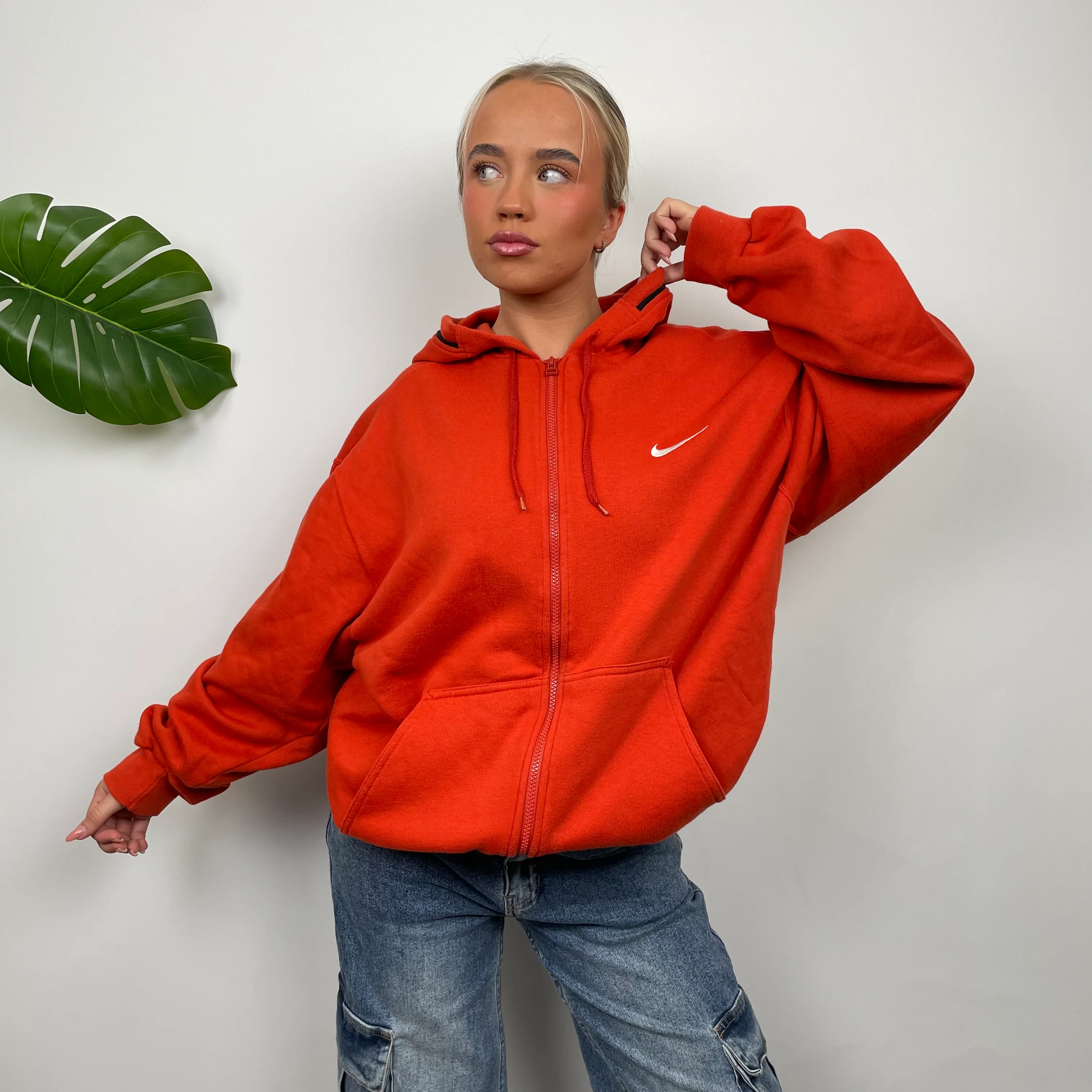 Nike Orange Embroidered Swoosh Zip Up Hoodie Jacket (L) - Image 8