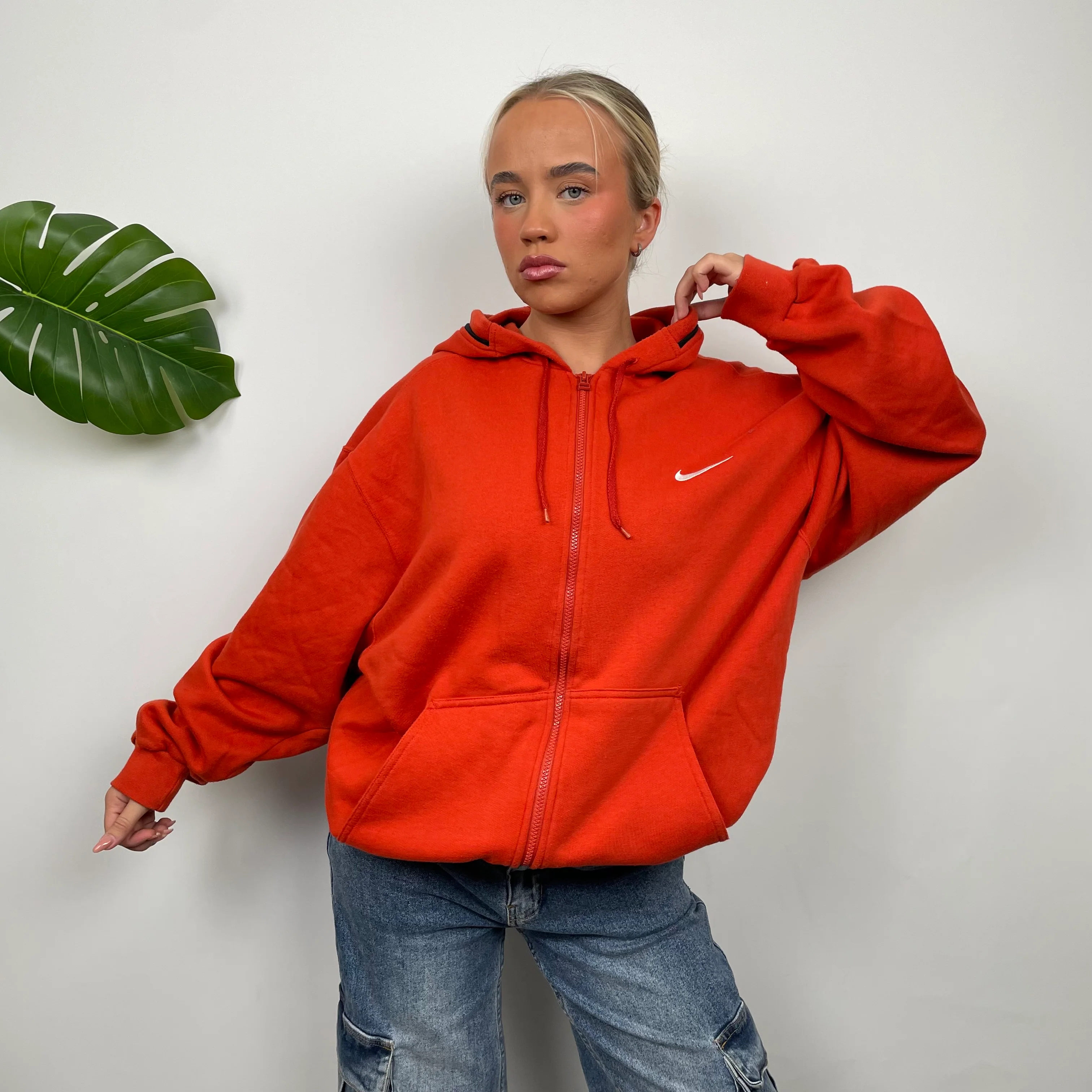Nike Orange Embroidered Swoosh Zip Up Hoodie Jacket (L) - Image 9