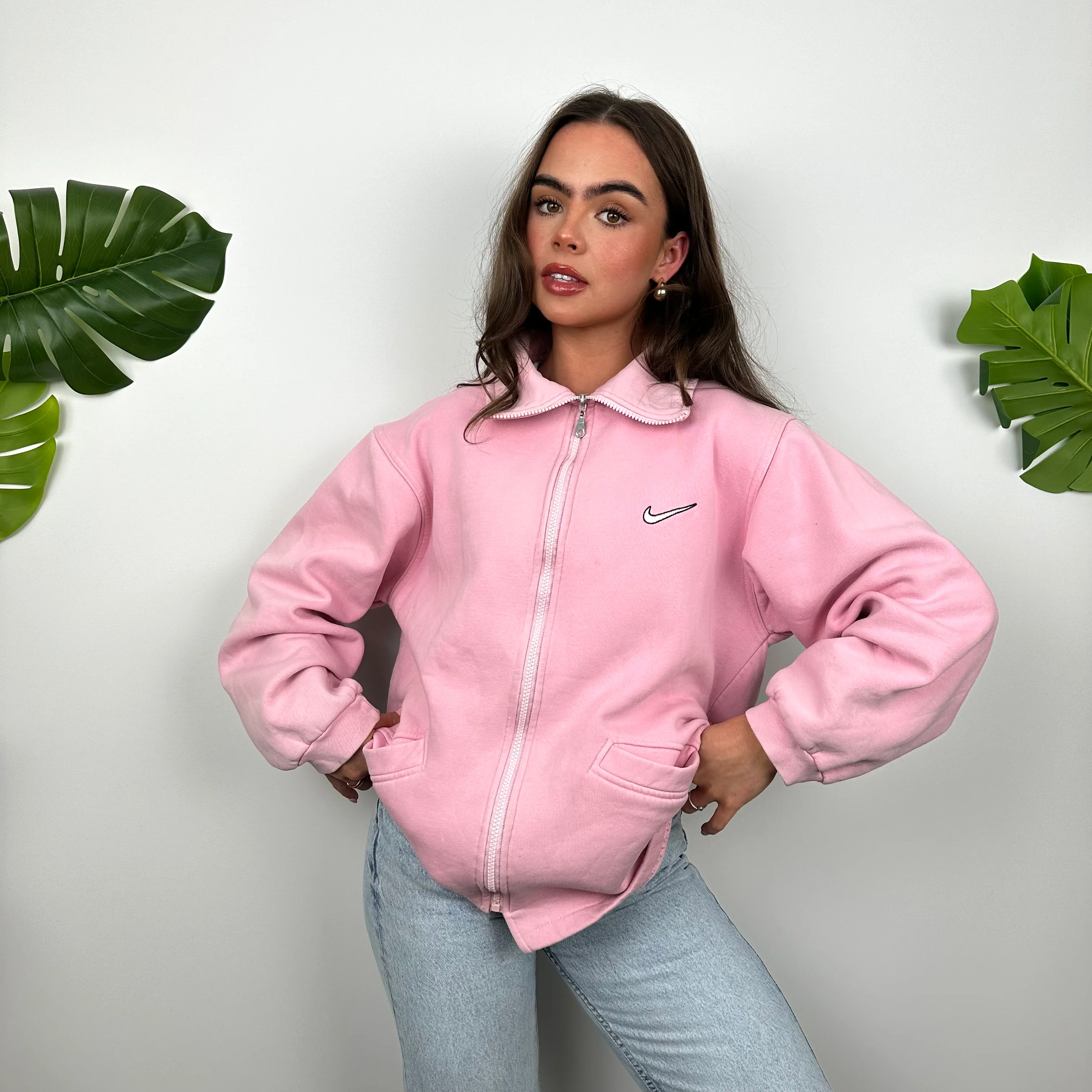 Nike Pink Embroidered Swoosh Zip Up Hoodie Jacket (M)
