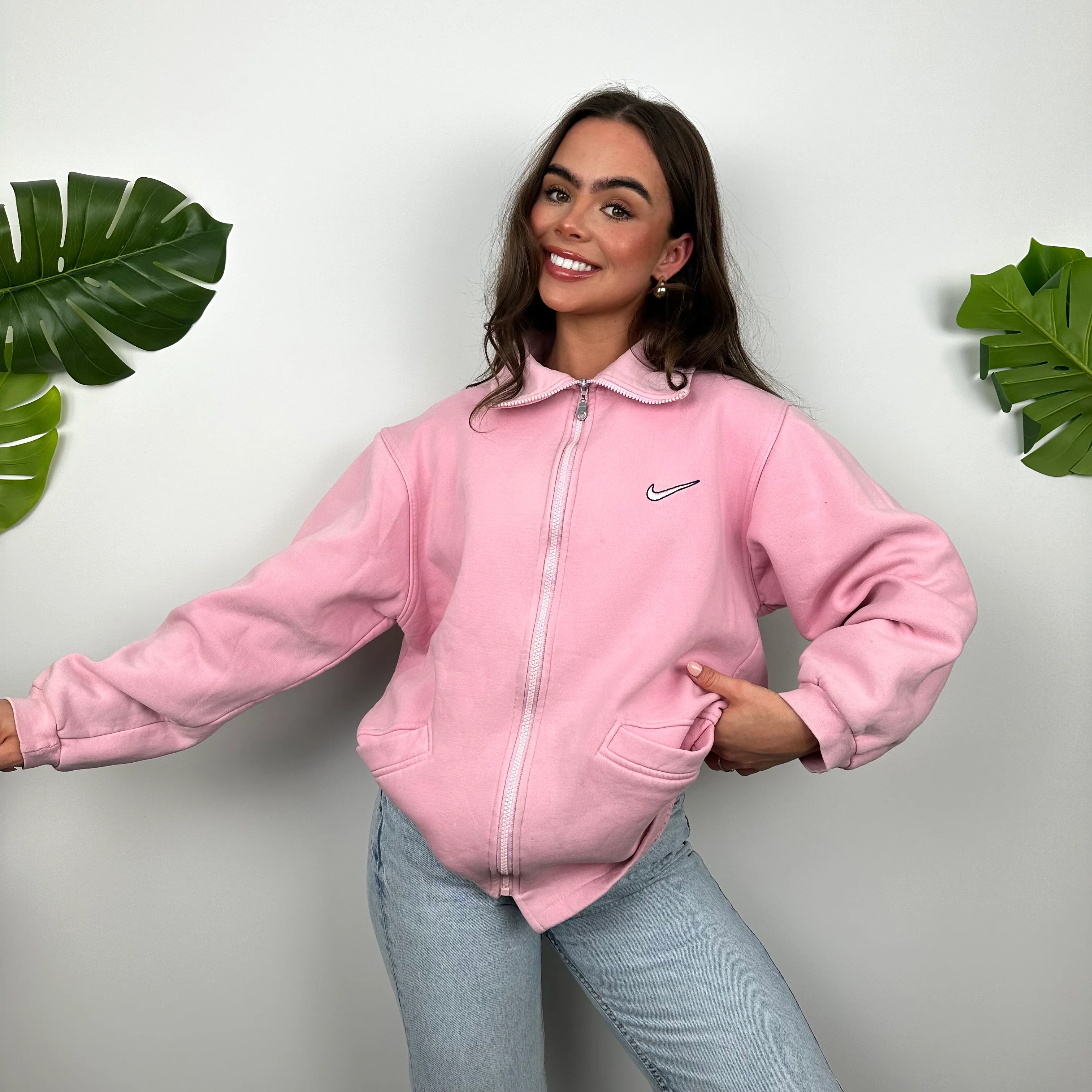Nike Pink Embroidered Swoosh Zip Up Hoodie Jacket (M) - Image 3