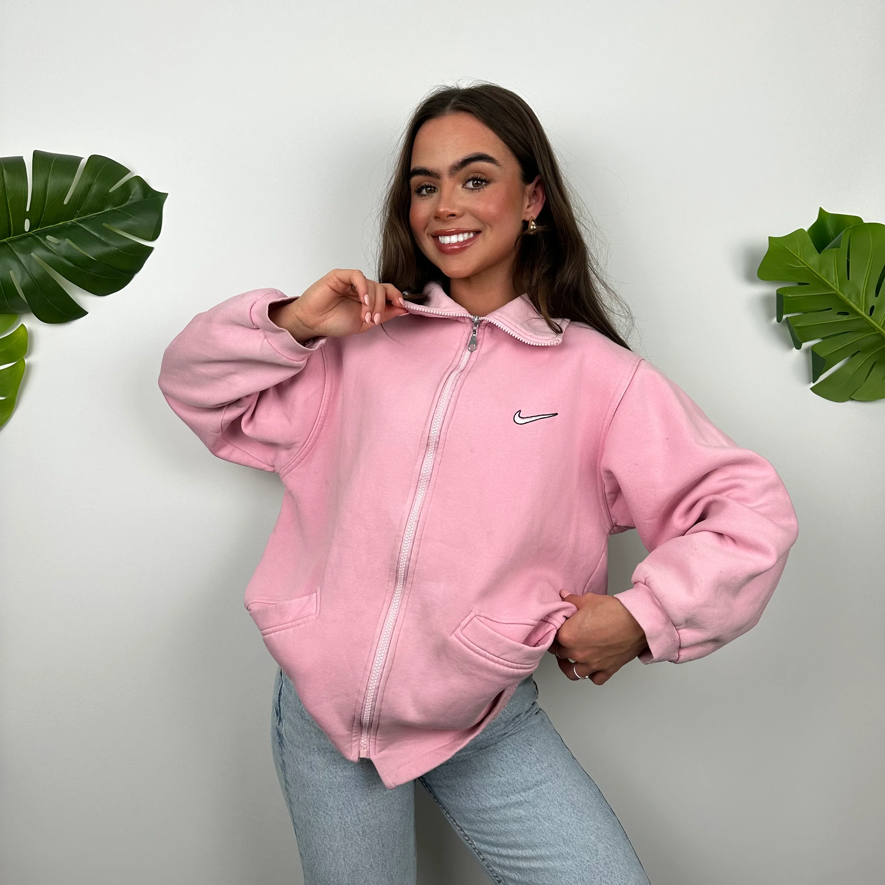 Nike Pink Embroidered Swoosh Zip Up Hoodie Jacket (M) - Image 4