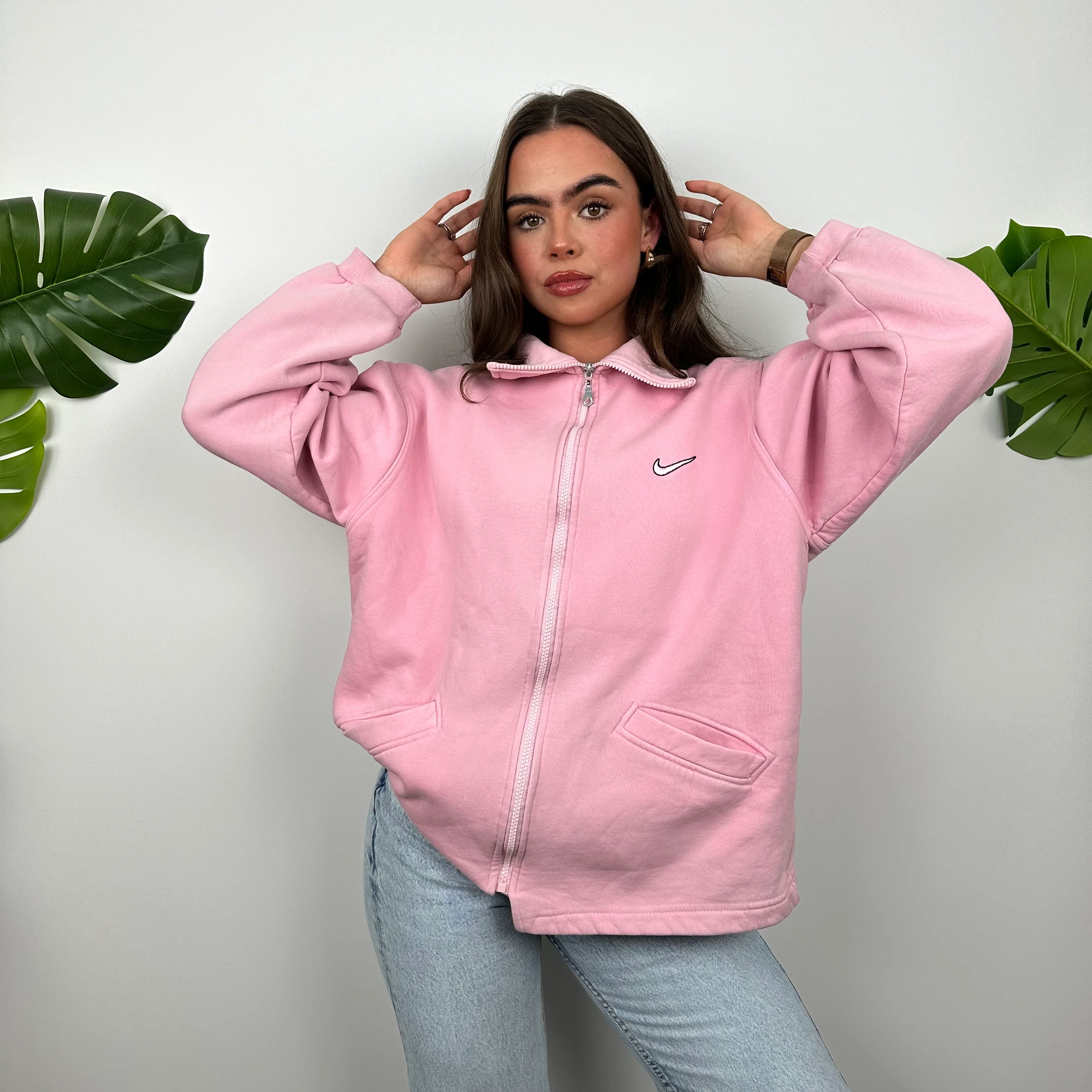 Nike Pink Embroidered Swoosh Zip Up Hoodie Jacket (M) - Image 5