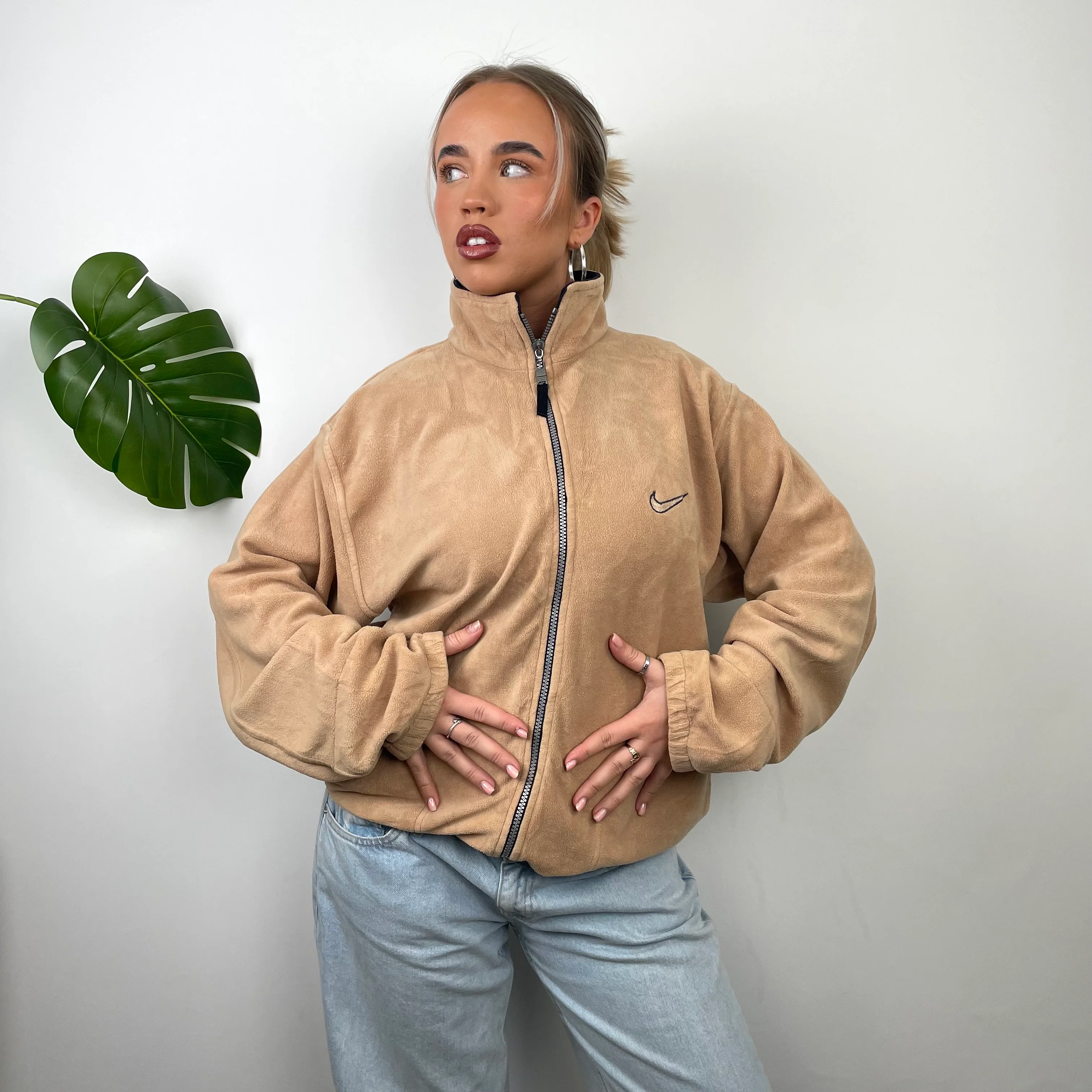 Nike RARE Beige Swoosh Teddy Bear Fleece Zip Up Jacket (L) - Image 5