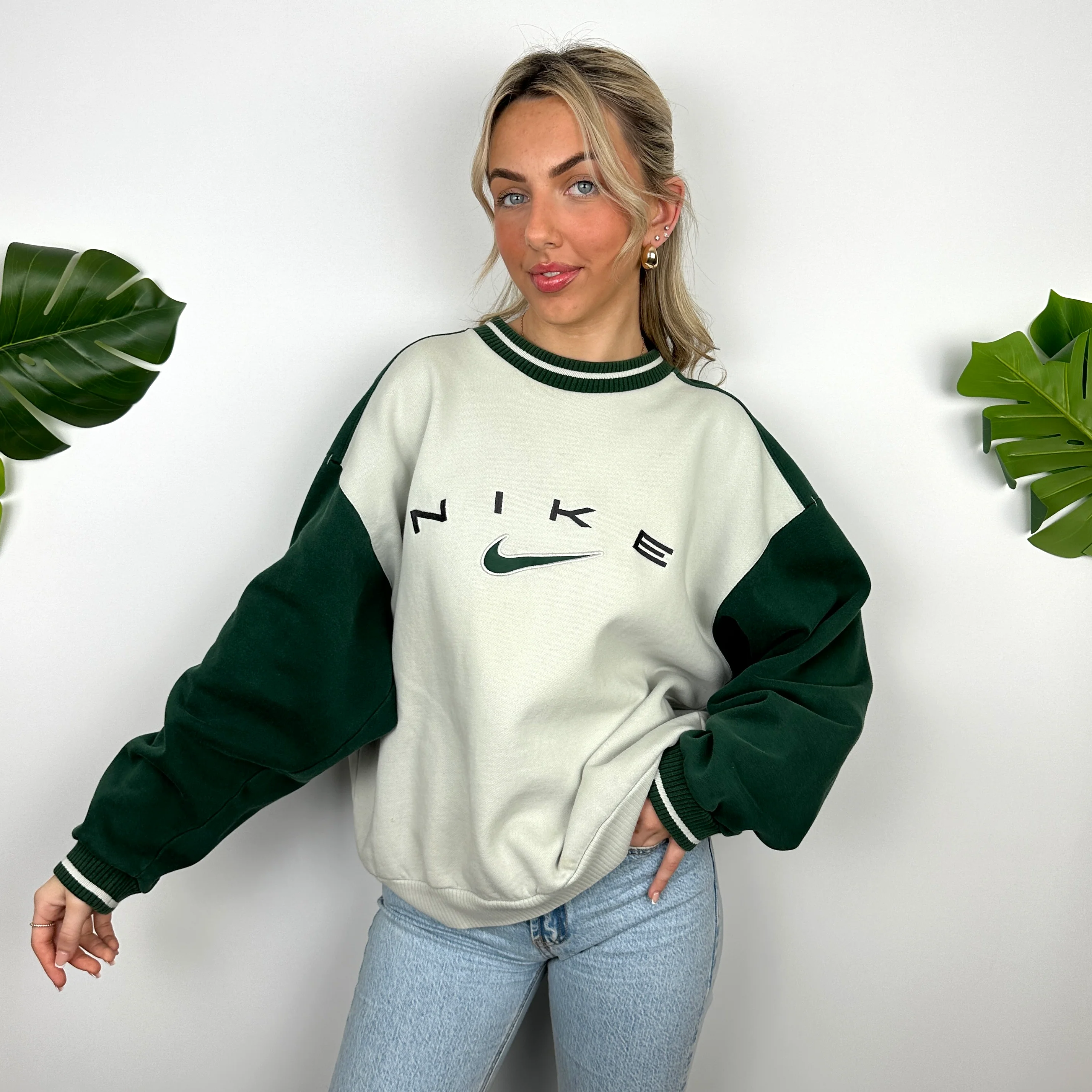 Nike RARE Cream Embroidered Spell Out Sweatshirt (L) - Image 3