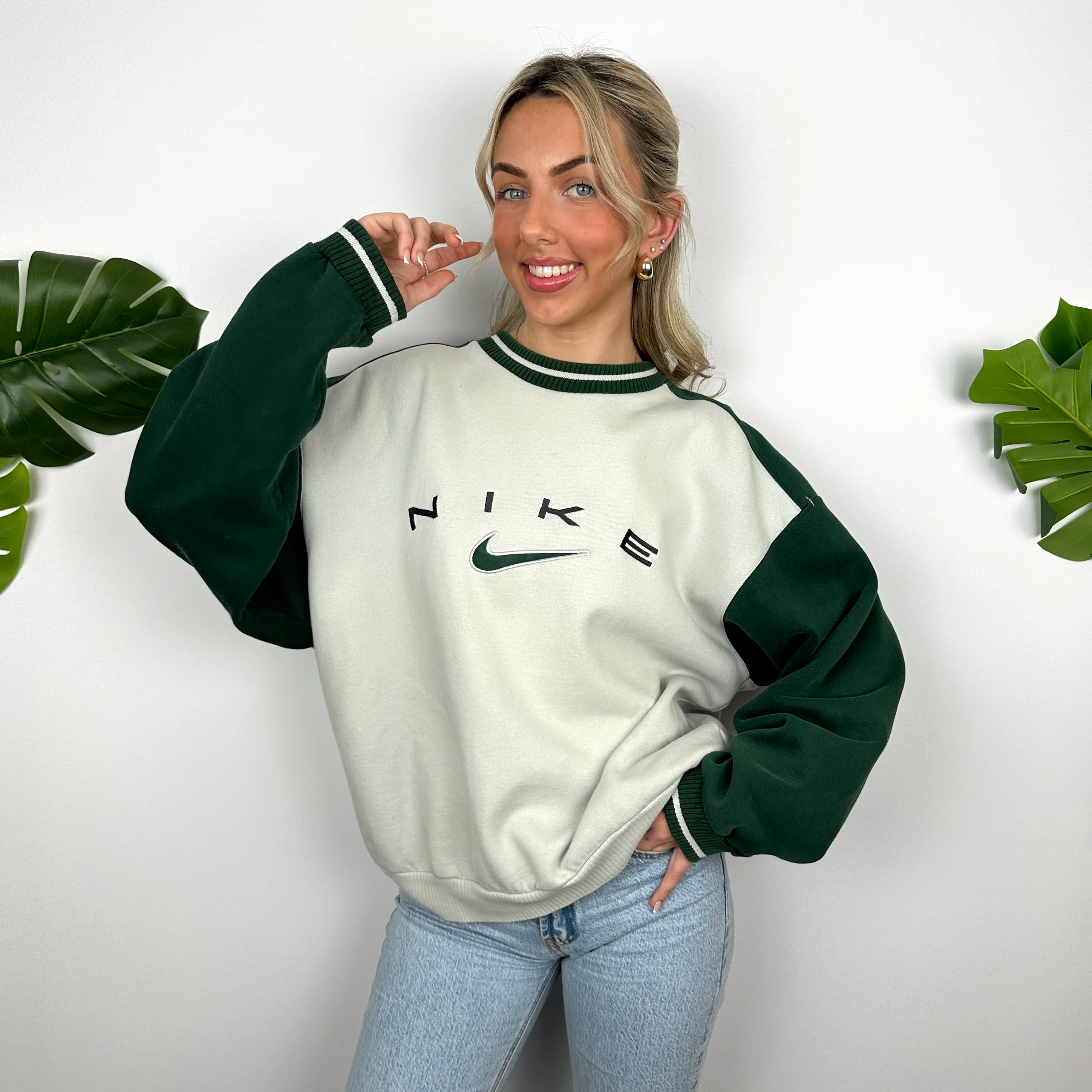Nike RARE Cream Embroidered Spell Out Sweatshirt (L) - Image 4
