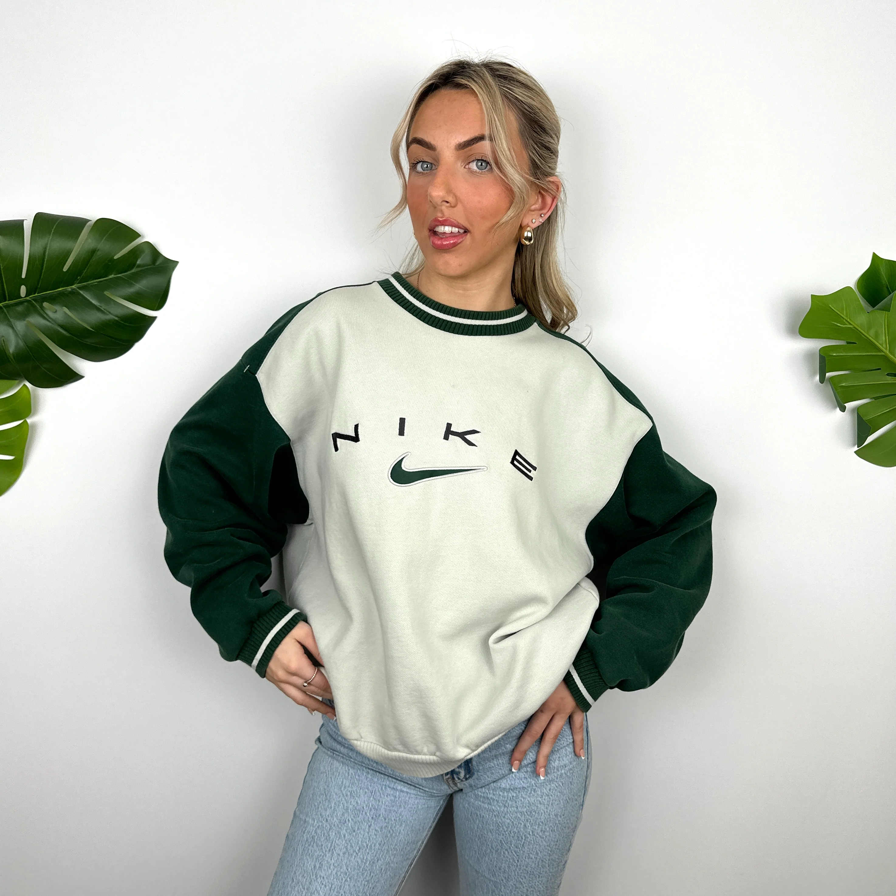 Nike RARE Cream Embroidered Spell Out Sweatshirt (L) - Image 5